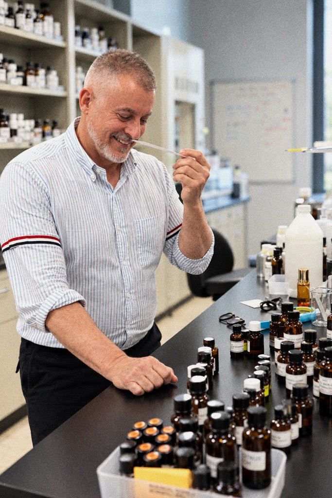 Gus Romeros in white shirt with blue stripes works in his perfume lab.