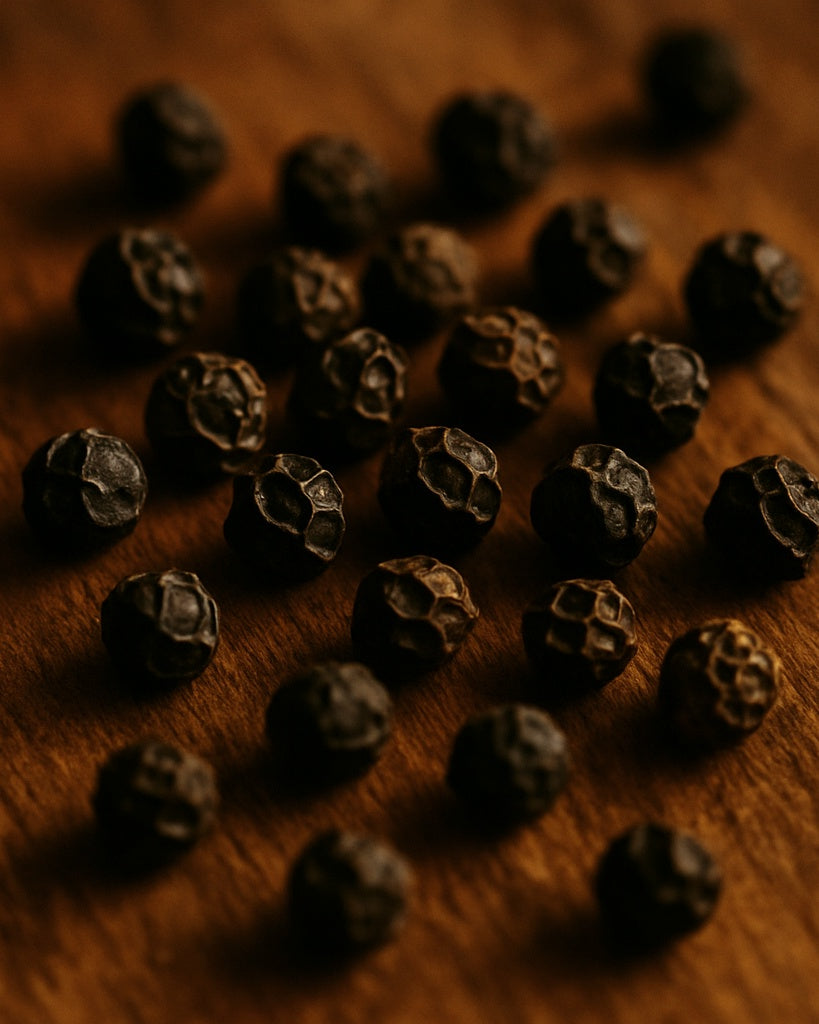 Close-up of black peppercorns on a wooden surface