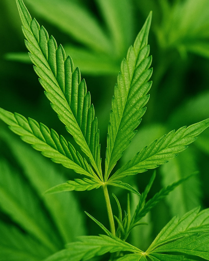 Close-up of a hemp leaf with a green background