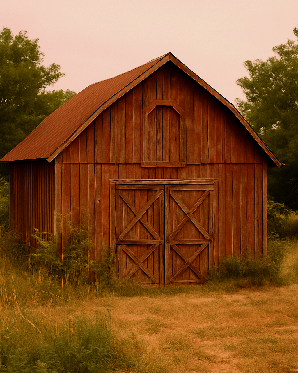 Old wooden barn in a field with trees in the background