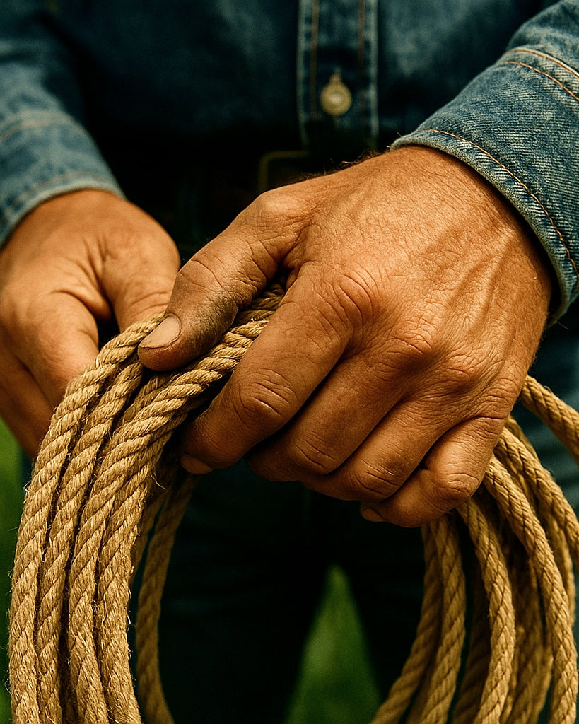 Close-up of hands holding a coil of rope, wearing a blue denim shirt.