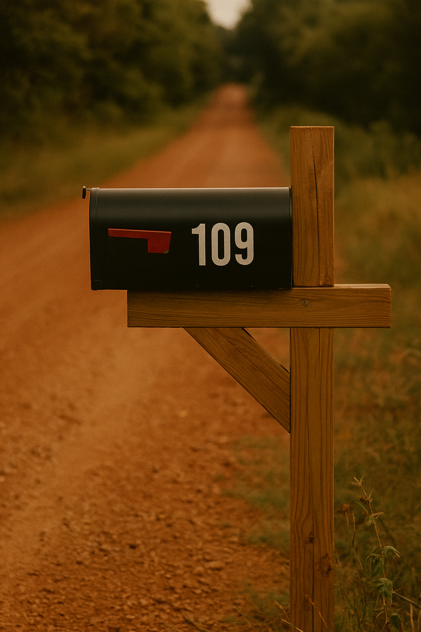 Mailbox with the number 109 on a dirt road surrounded by greenery