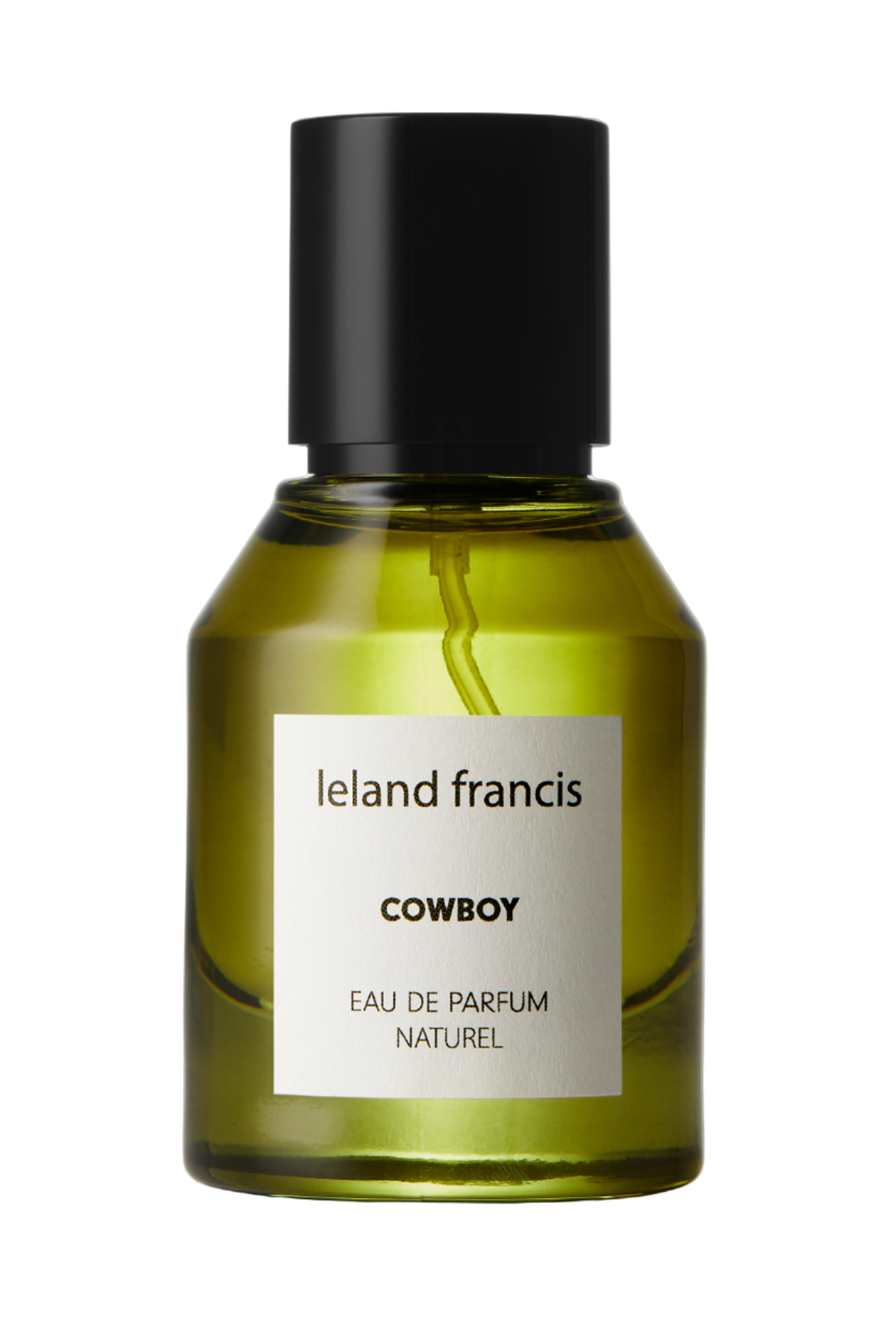 A bottle of 'Cowboy - Eau De Parfum' with a black cap and a label indicating it is 'Eau de Parfum Naturel'. The bottle is clear, showcasing the green-colored perfume liquid inside.