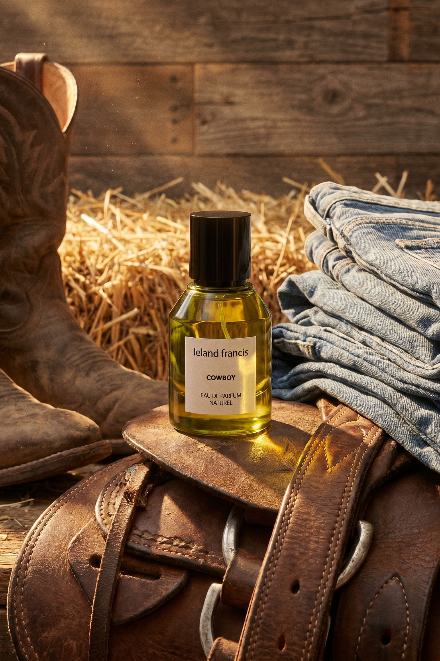 Cowboy-themed items including a bottle of 'Leland Francis Cowboy' cologne, cowboy boots, and jeans on a wooden surface.