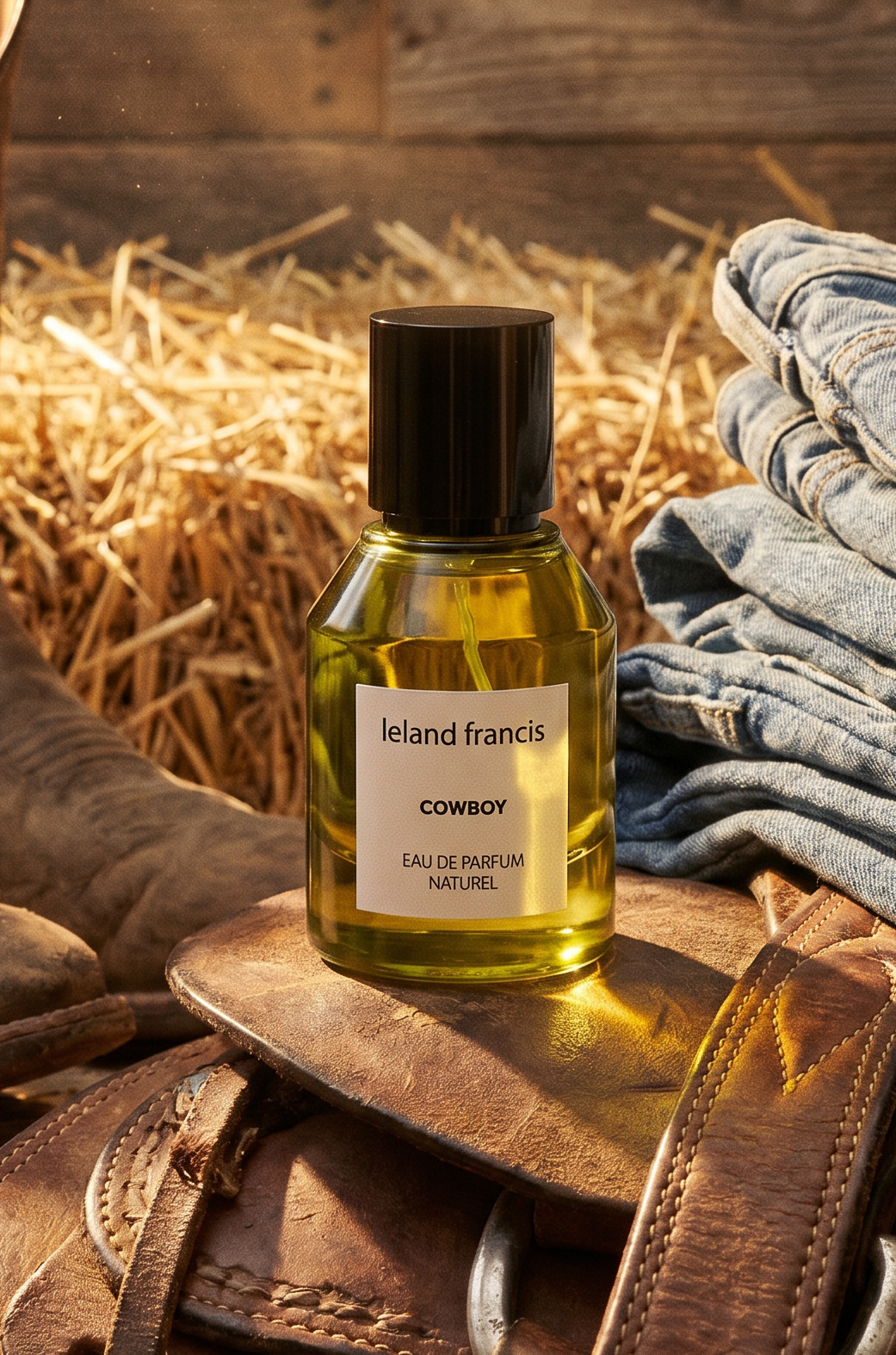 Cowboy-themed items including a bottle of 'Leland Francis Cowboy' cologne, cowboy boots, and jeans on a wooden surface.