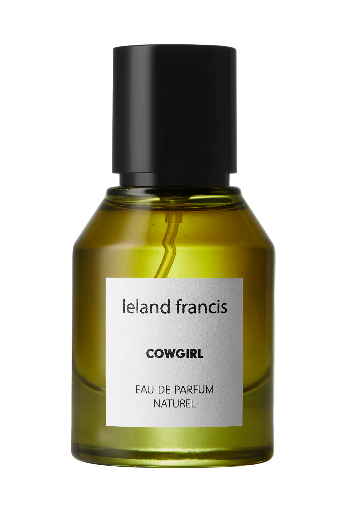 A bottle of Cowgirl Eau De Parfum by Ireland Francis with a black cap and a label on a yellow-green background.