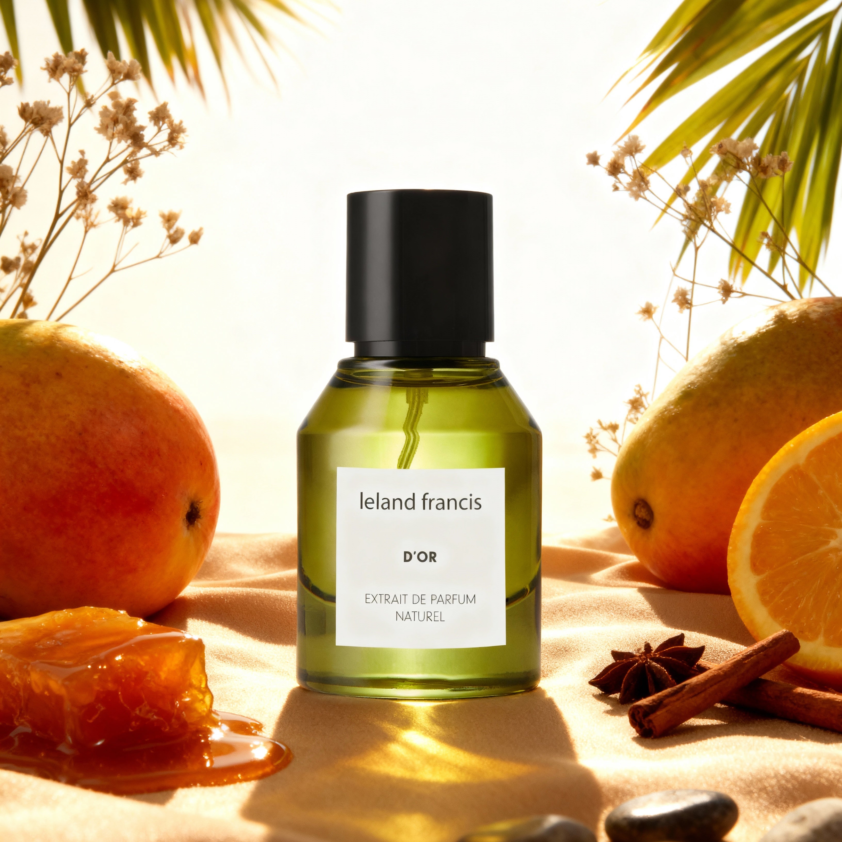 Green perfume bottle labeled 'Ieland Francis' with fruits and stones on a warm-toned background