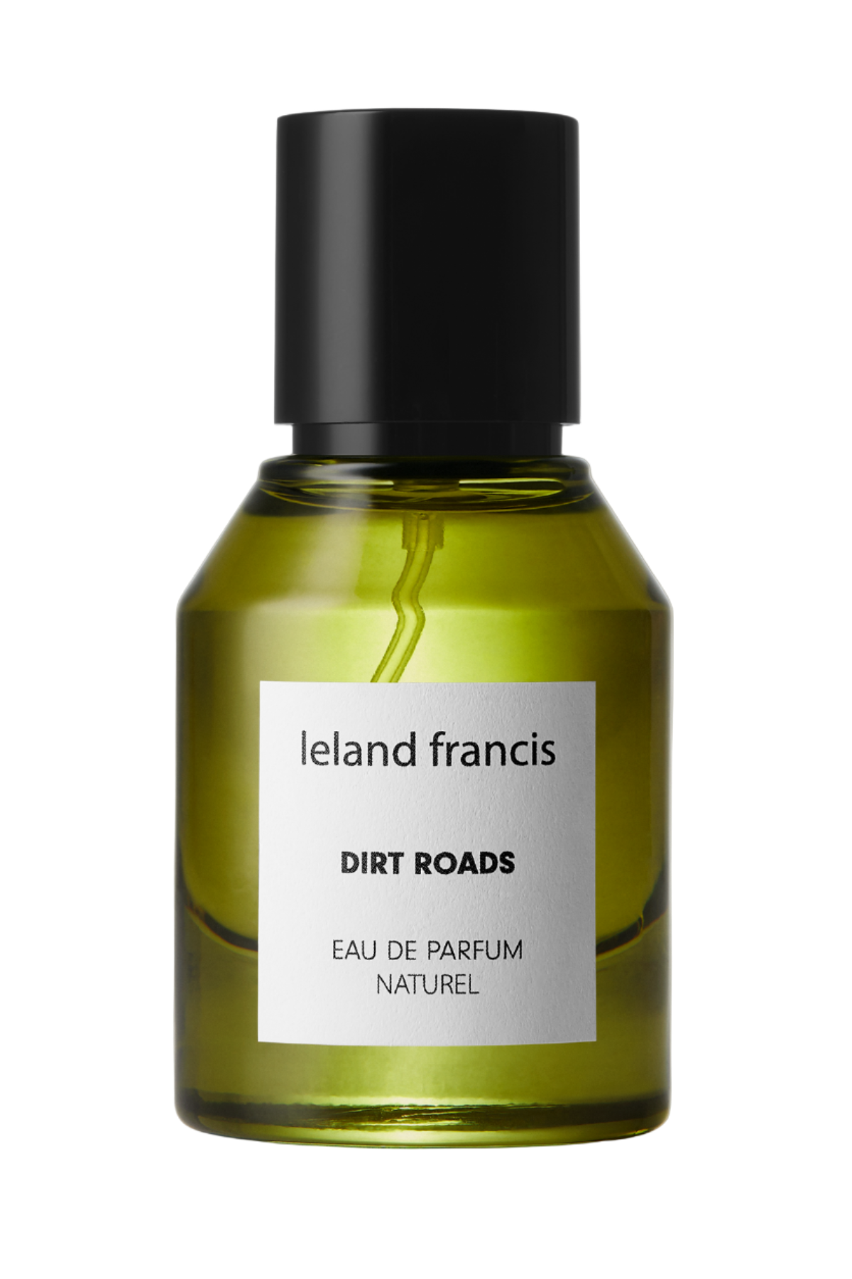 A bottle of 'Dirt Roads' eau de parfum by Ieland Francis with a black cap and a label that includes the name of the fragrance and the type of perfume 'Eau de Parfum Naturel'.