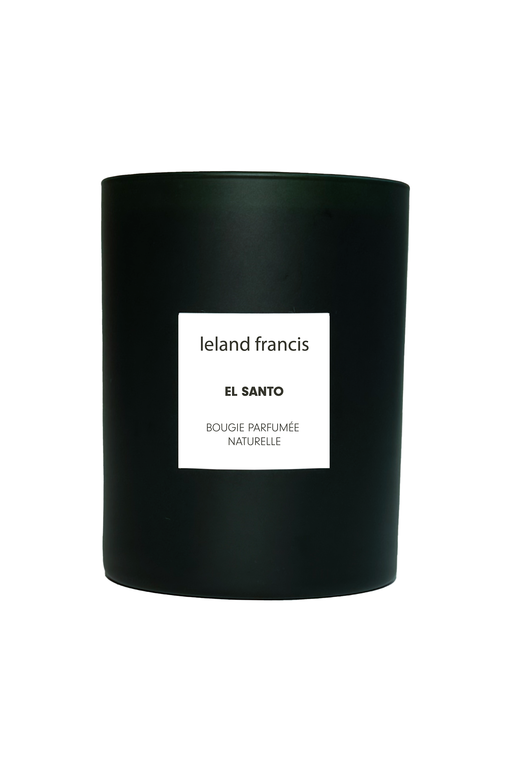 Black candle with a white label featuring 'Ieland Francis' on a white background