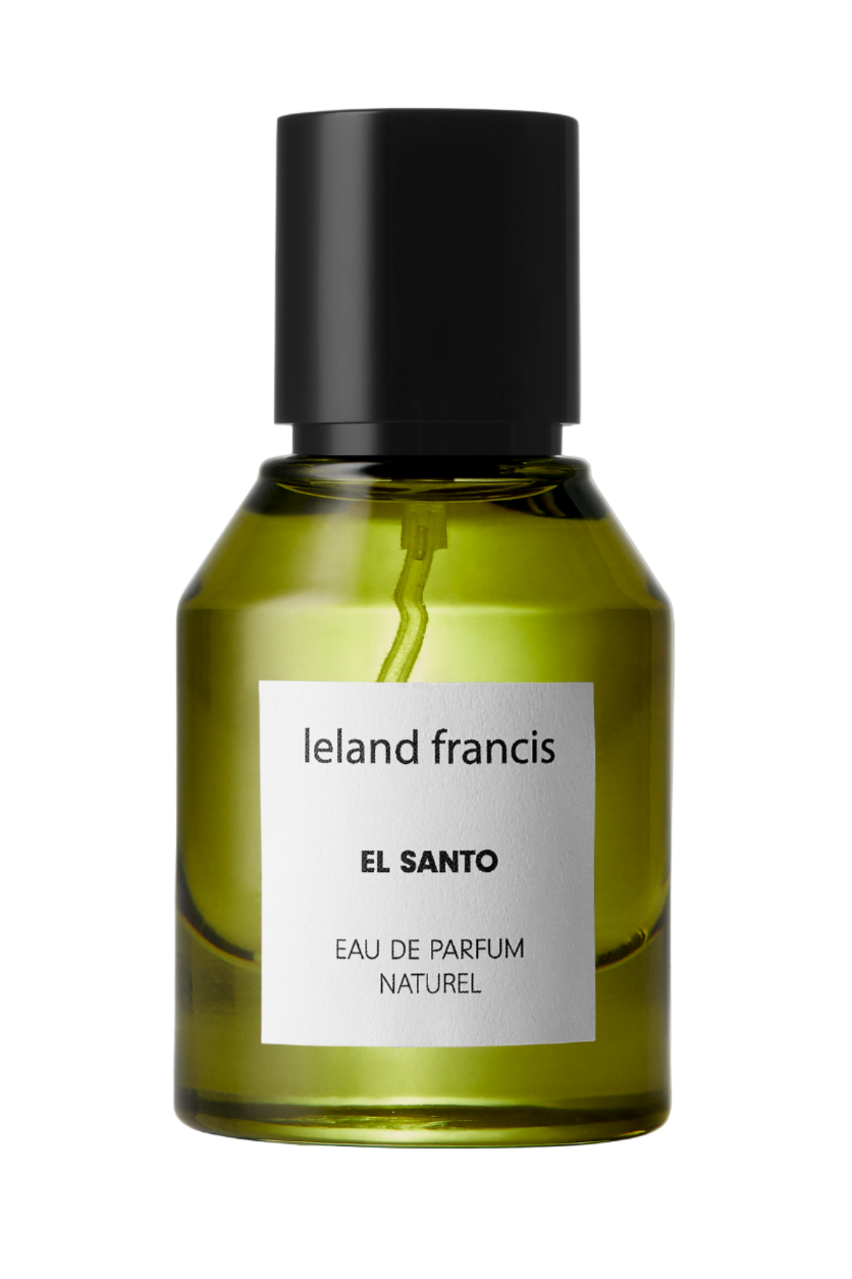A green bottle of El Santo Eau De Parfum by Ieland Francis with a black cap and a label on the front.