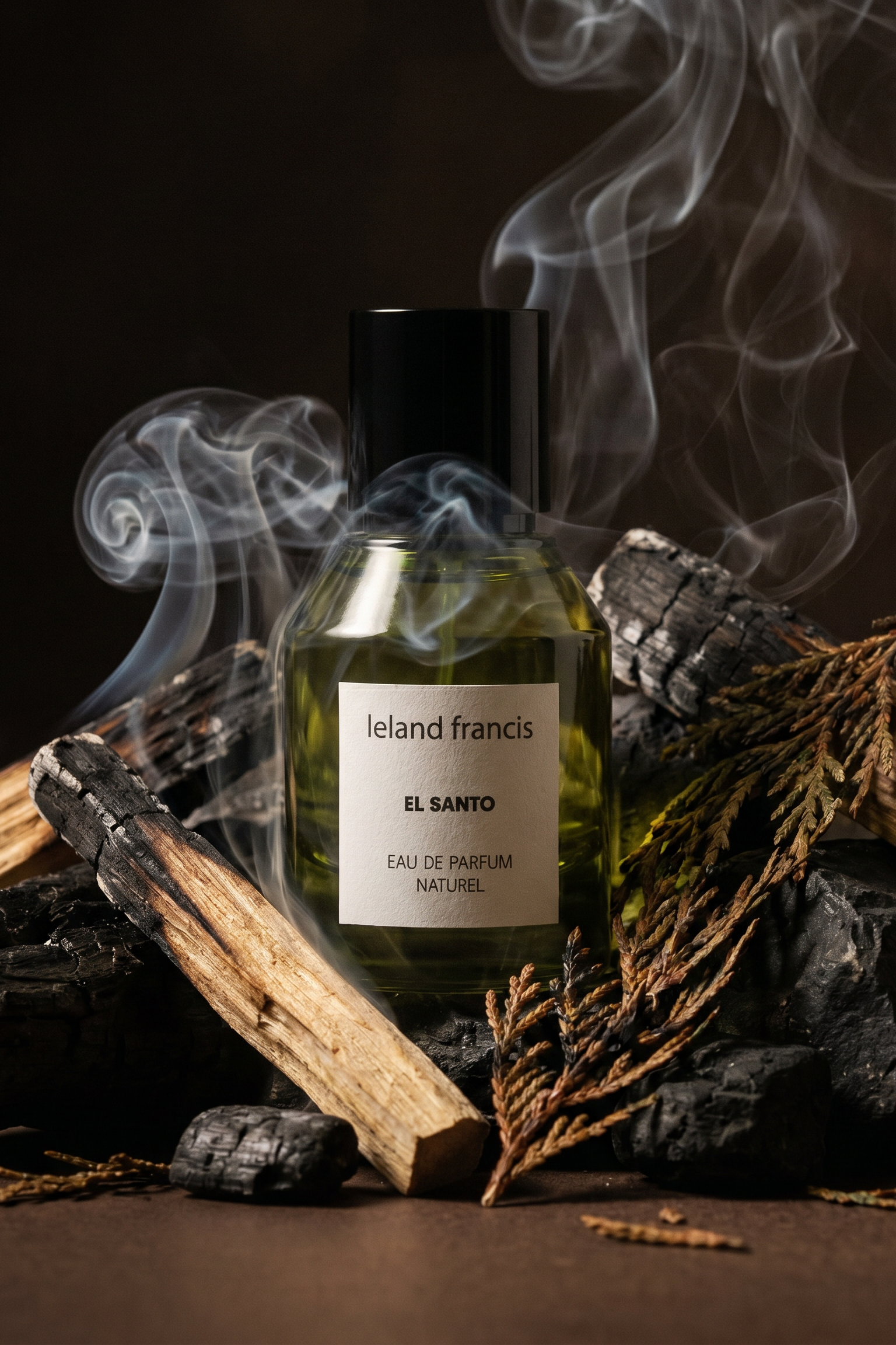 Leland Francis El Santo perfume bottle with smoke and wooden elements on a dark background