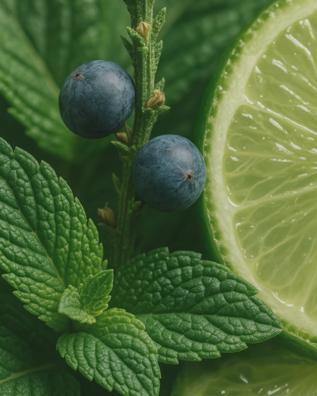 Juniper Berries, mint leaves, and a lime slice on a green background
