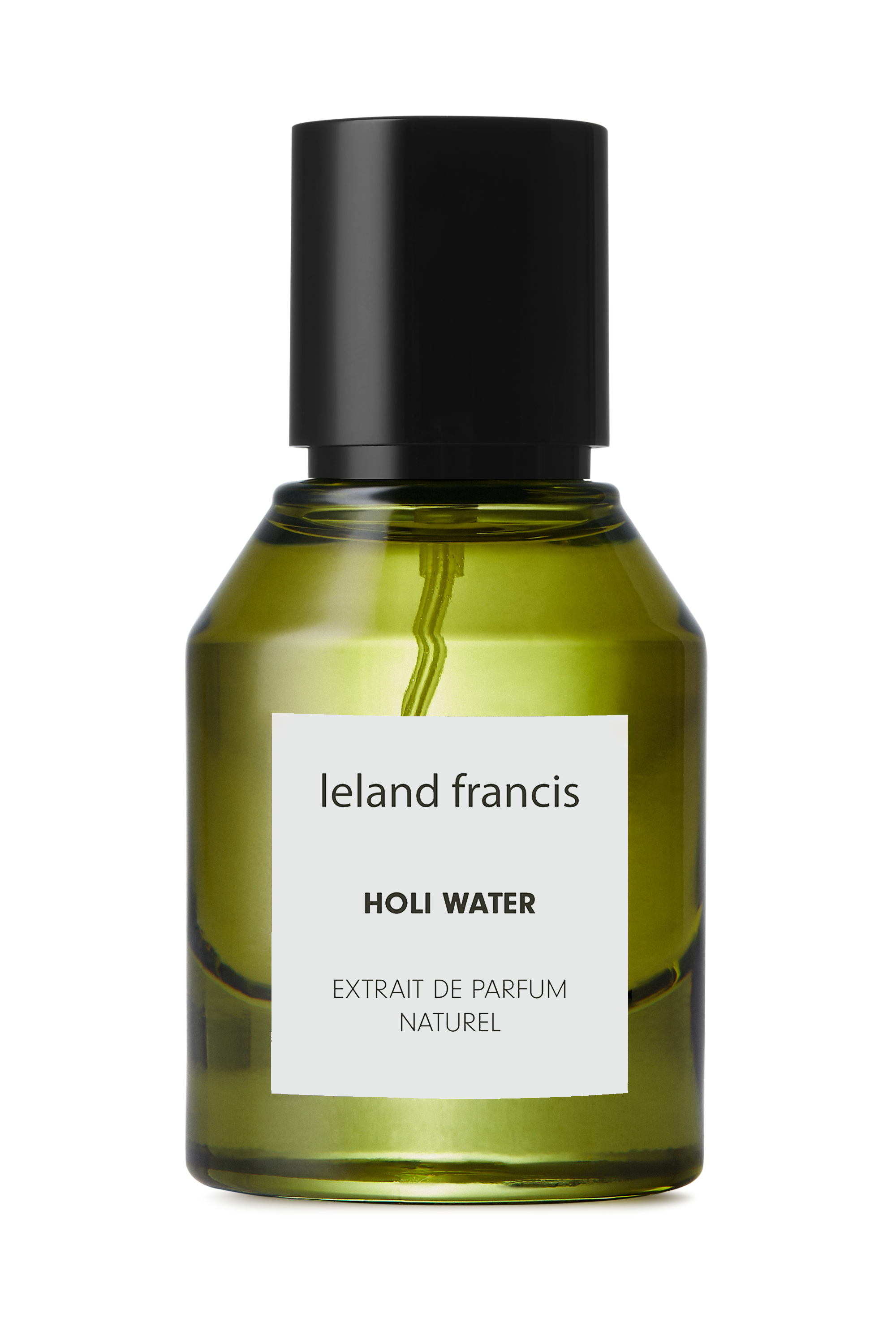 Green perfume bottle with black cap and white label on a white background