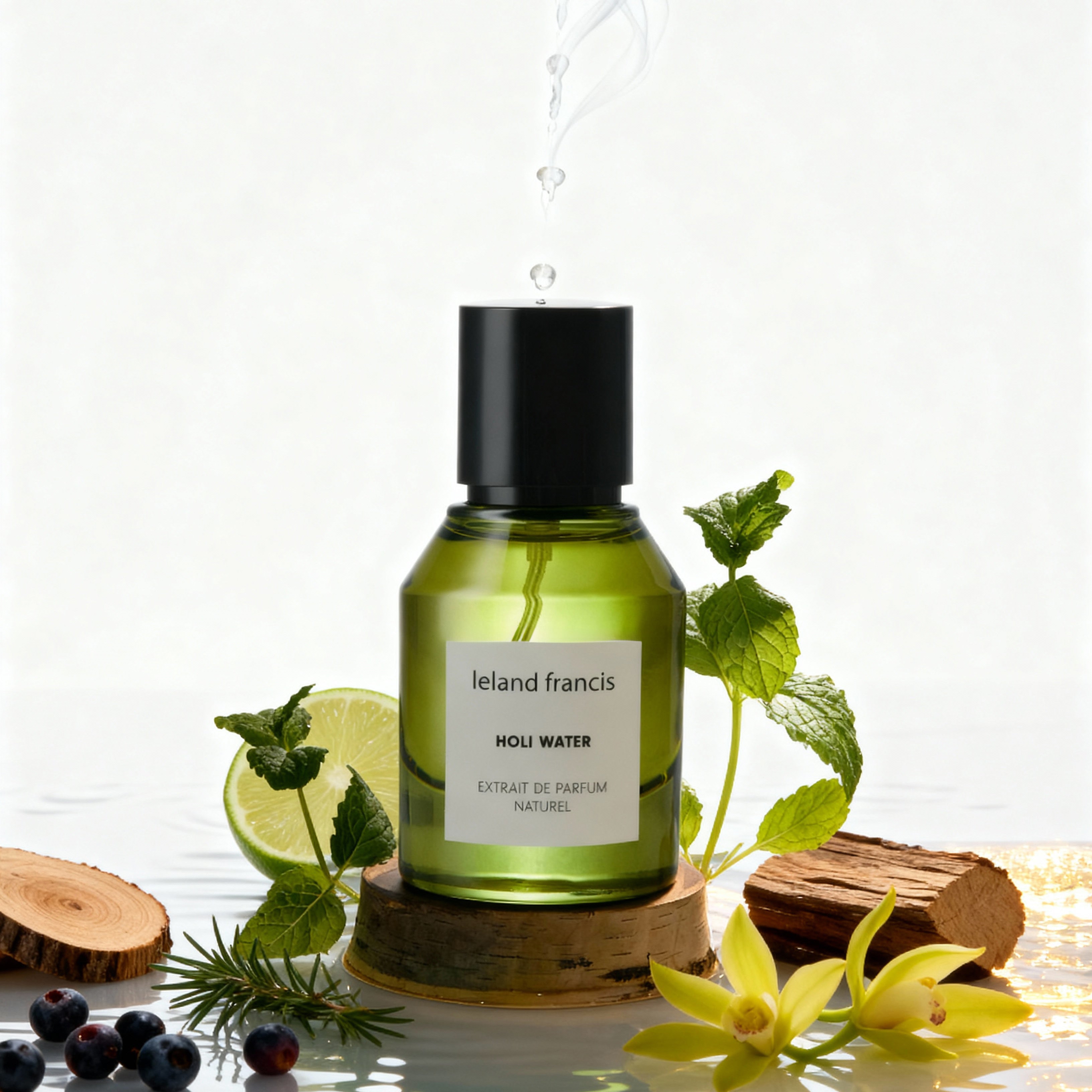 Green perfume bottle labeled Leland Francis' with natural elements on a white background