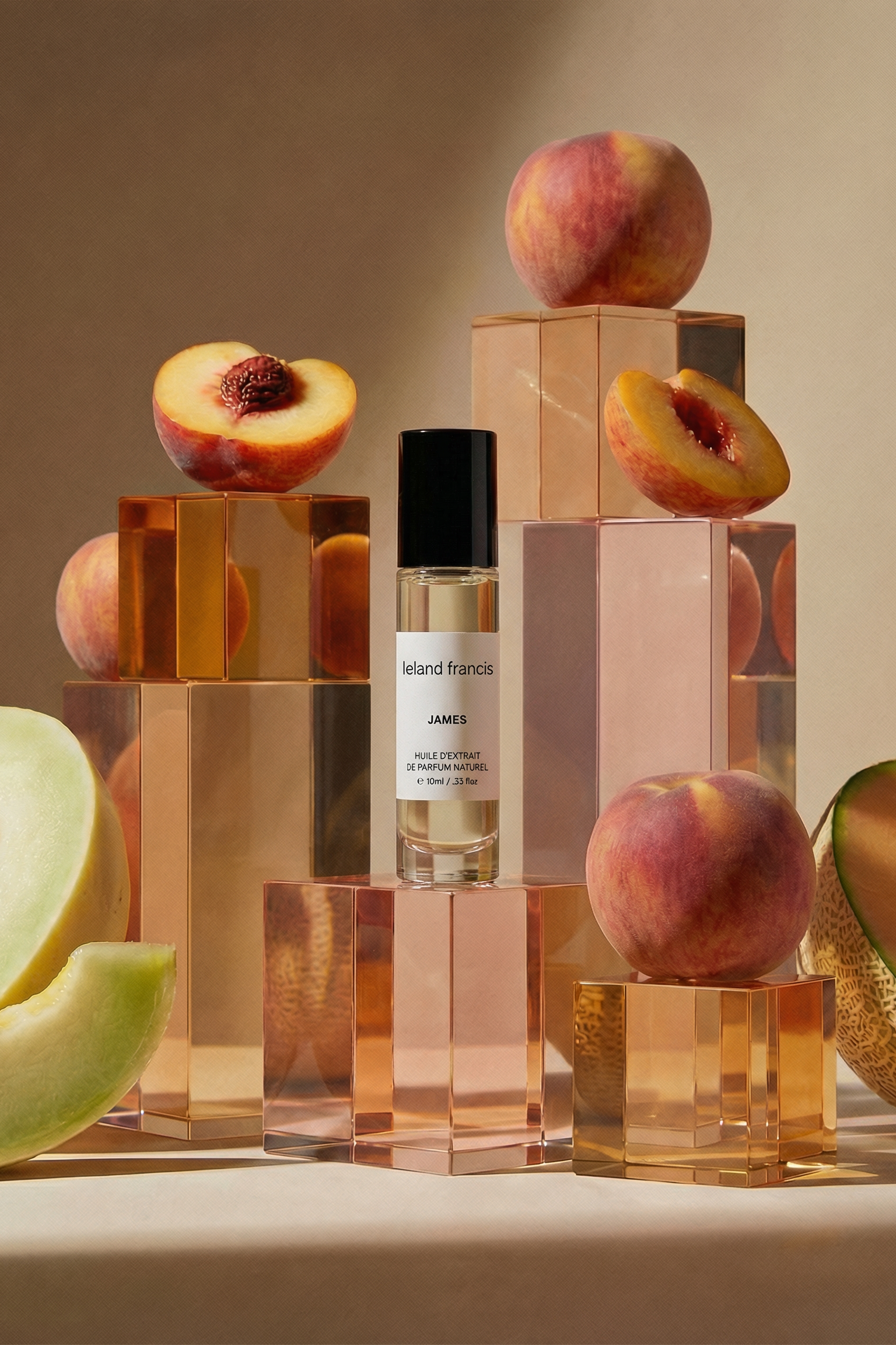 Perfume bottles with peach and melon slices on a neutral background