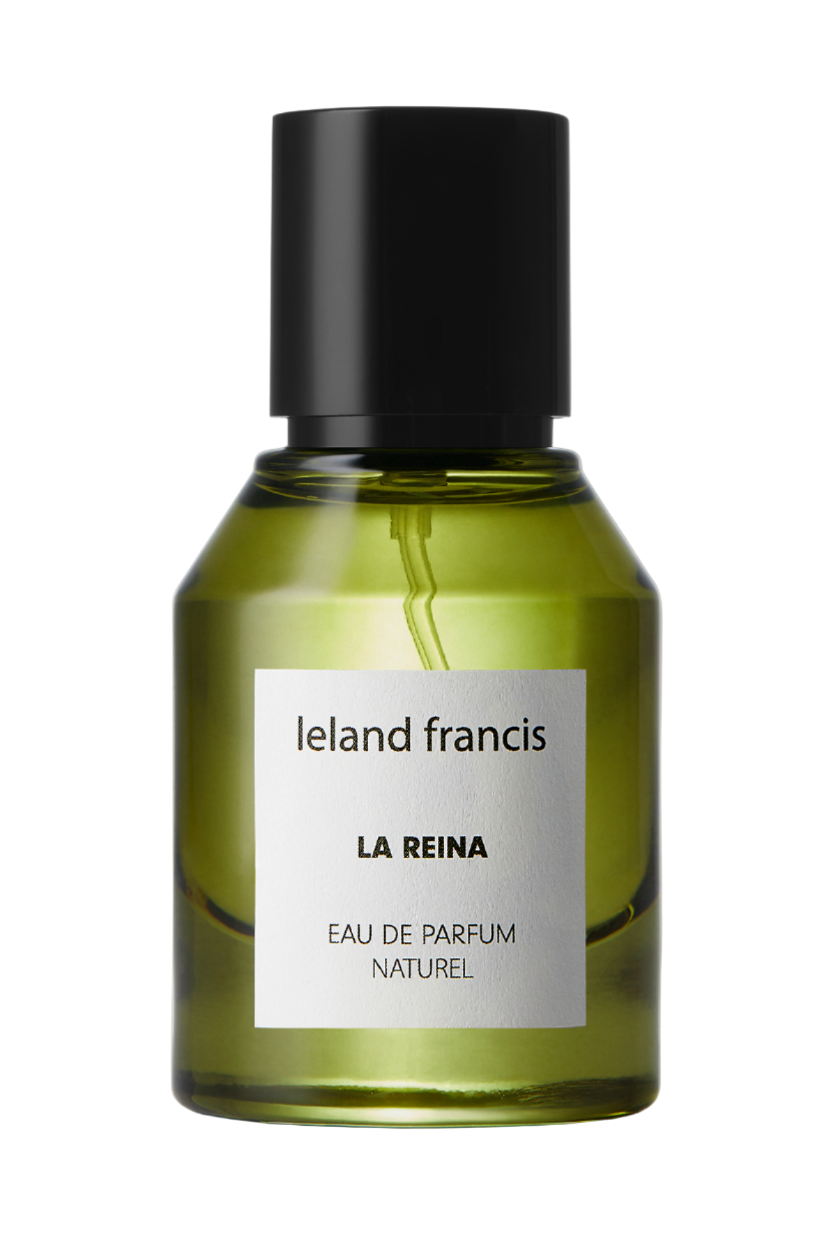 A green colored bottle of 'La Reina' eau de parfum with a black cap, labeled with the brand name and the scent details.