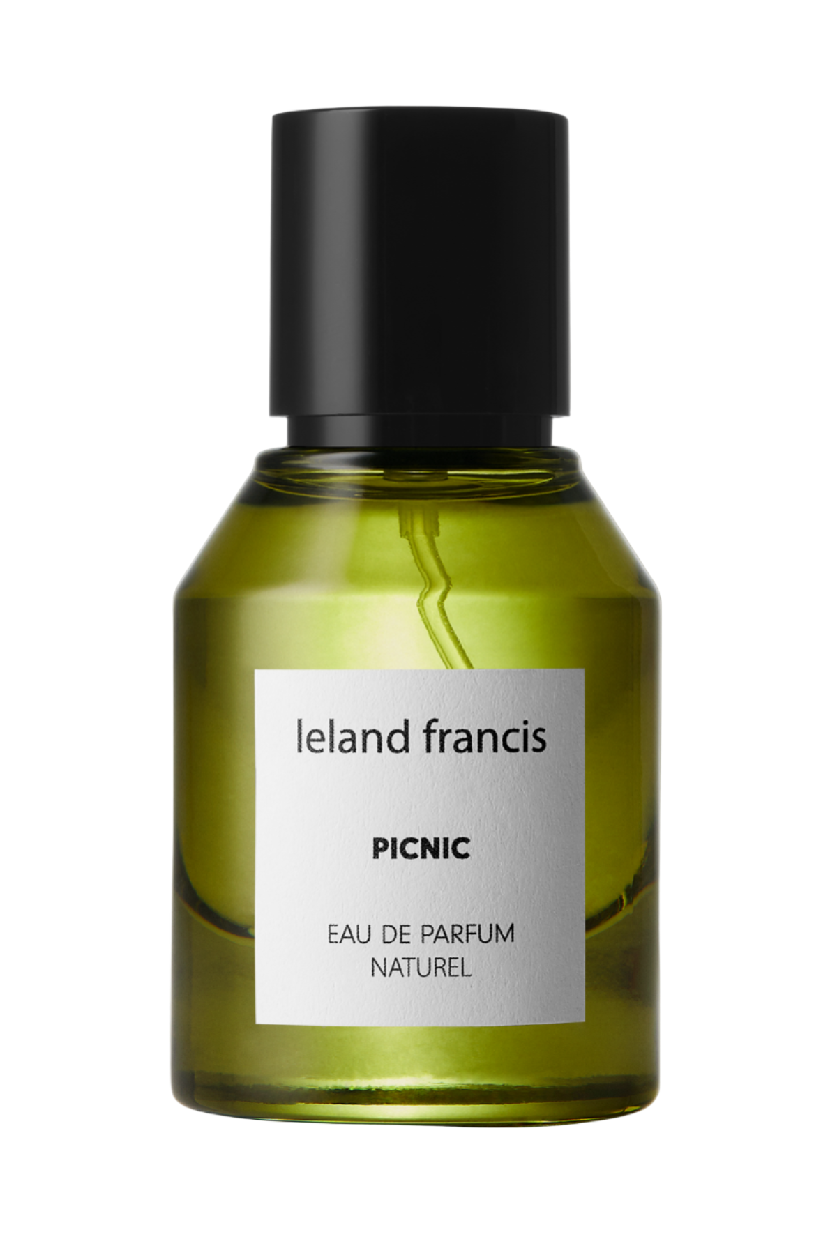 A green bottle of 'Picnic' eau de parfum by Ireland Francis, with a black cap and a label in front.