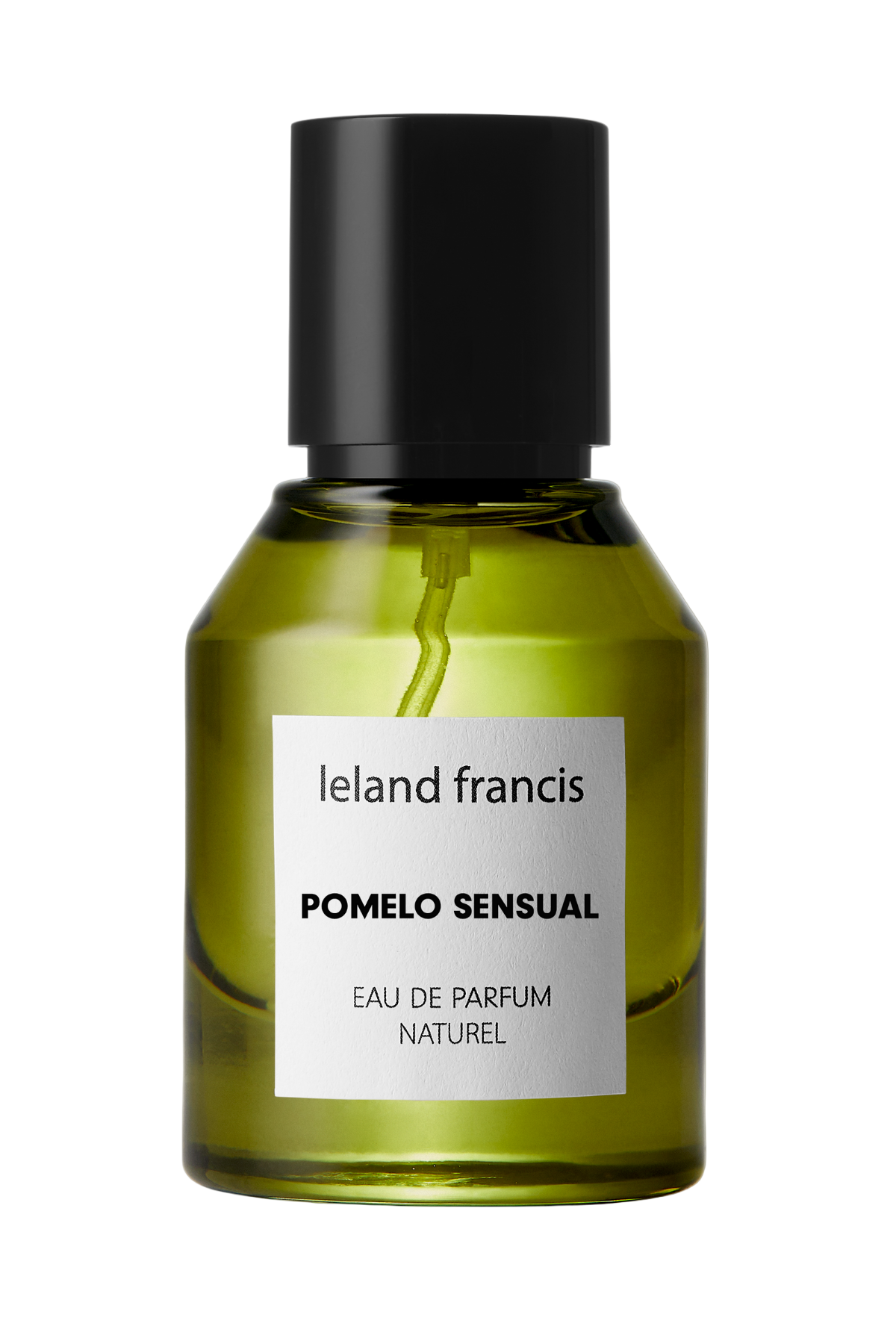 A green glass bottle with a black cap labeled 'leland francis POMELO SENSUAL EAU DE PARFUM NATUREL'.