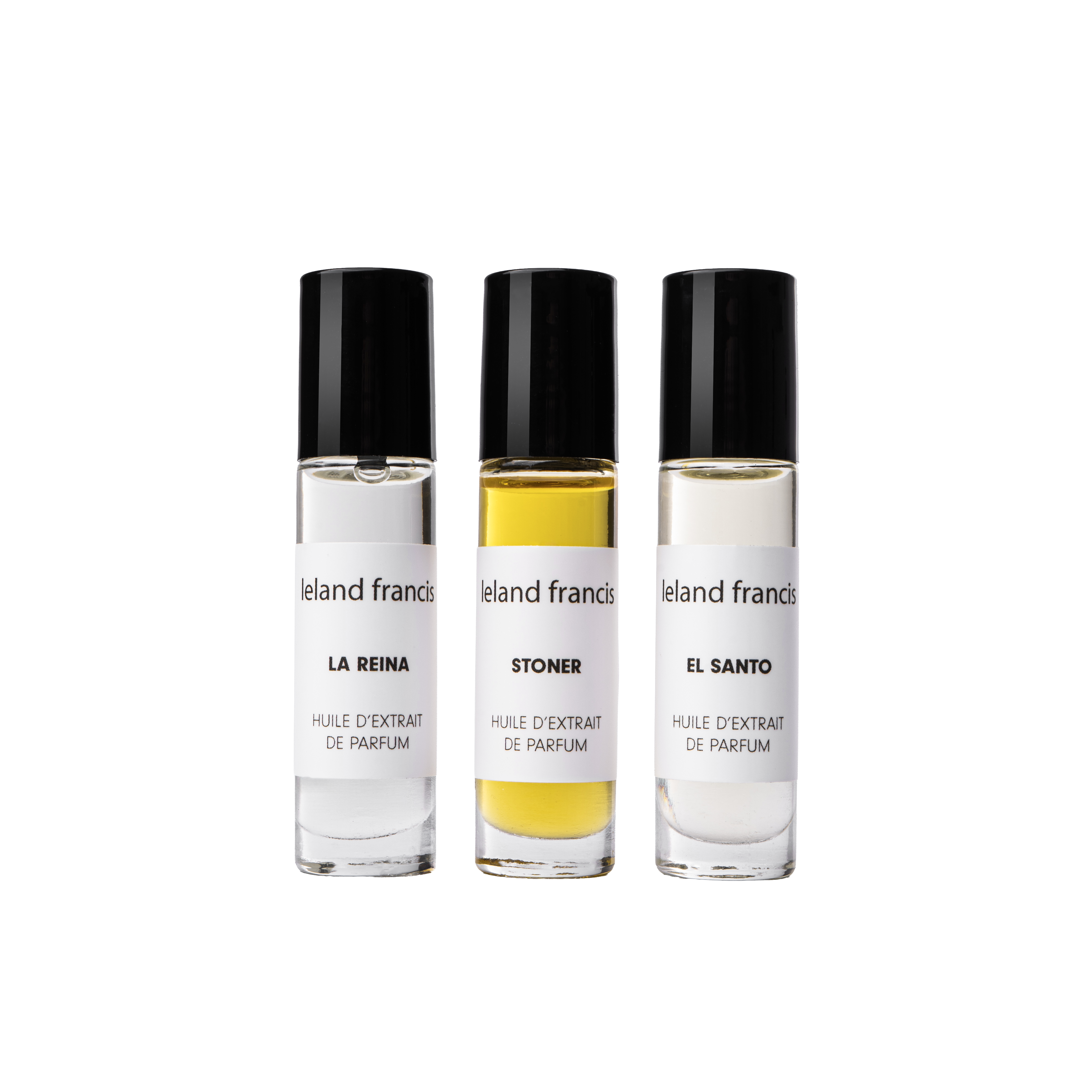 Three perfume bottles from Island Francis on a white background