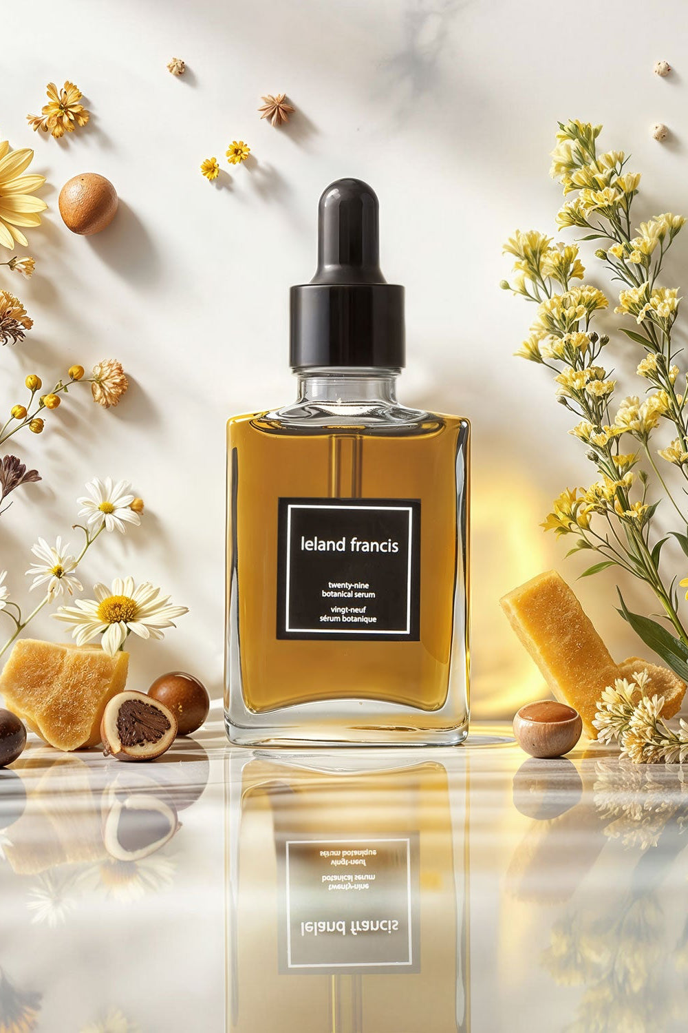 A clear black glass bottle with a dropper containing amber-colored liquid, labeled 'Twenty-Nine Botanical Serum'.