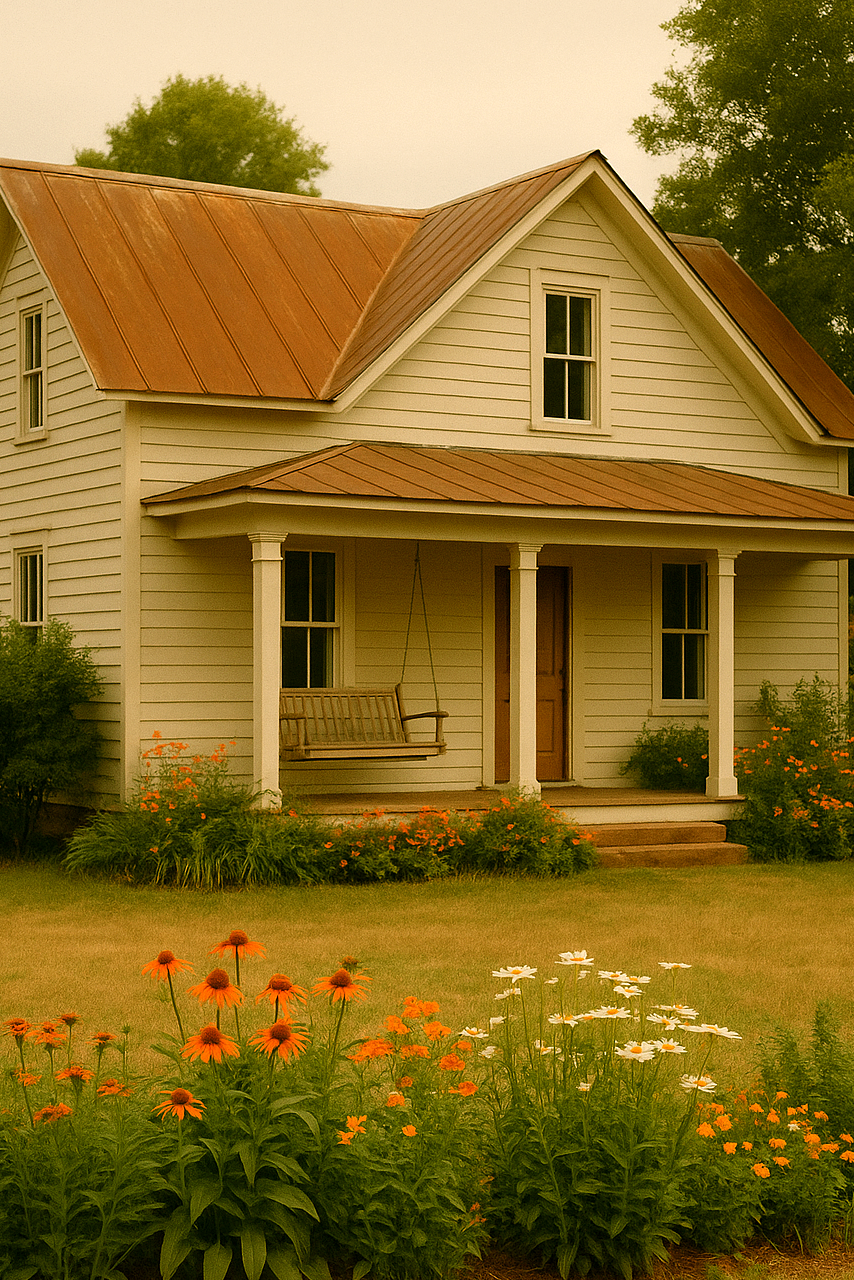 Small house with a porch swing surrounded by flowers and greenery