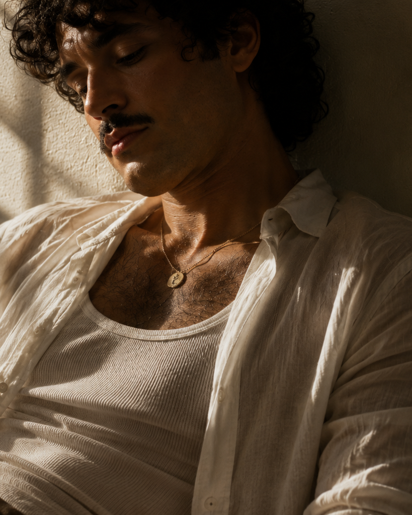 Man wearing a white shirt against a dark background