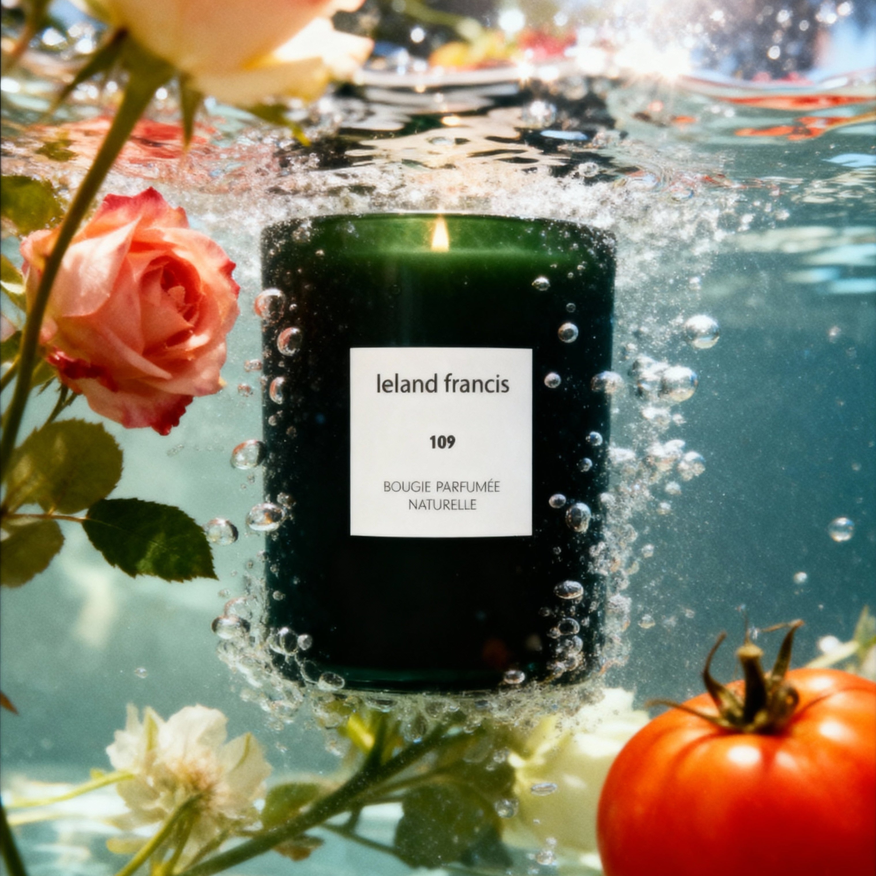 Ieland francis candle underwater with flowers and a tomato