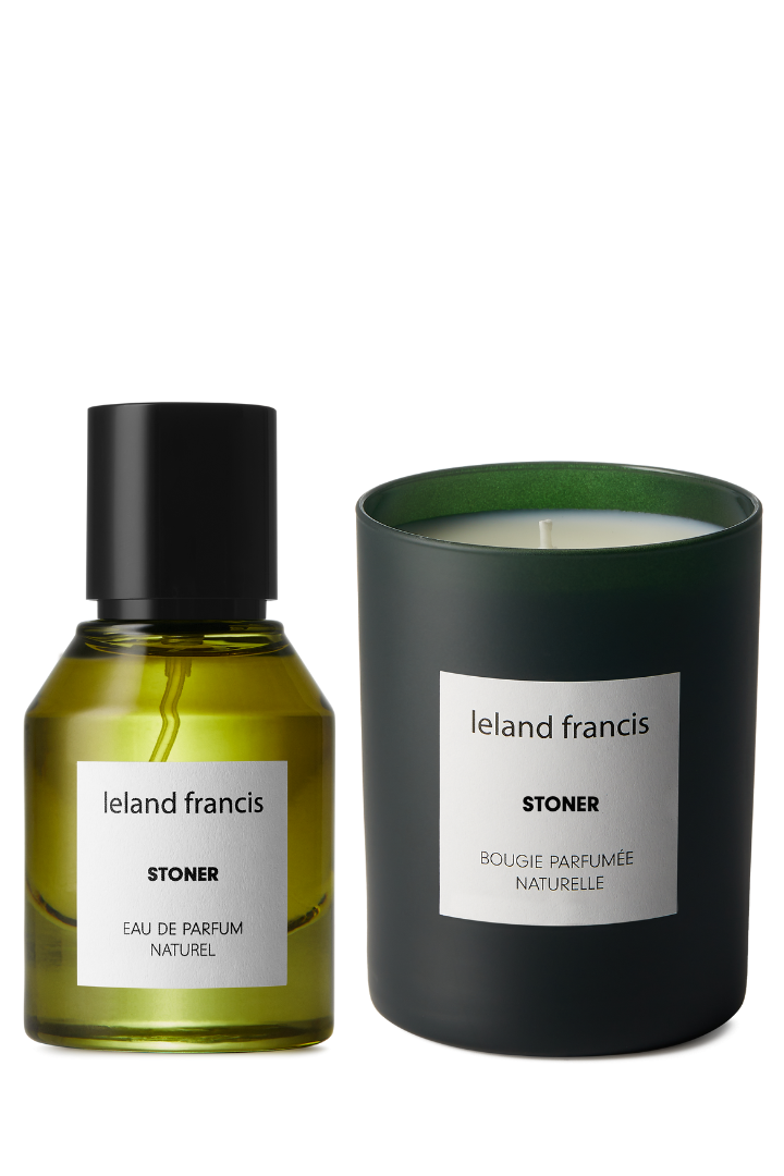 Ieland Francis Stoner eau de parfum bottle and candle on a white background