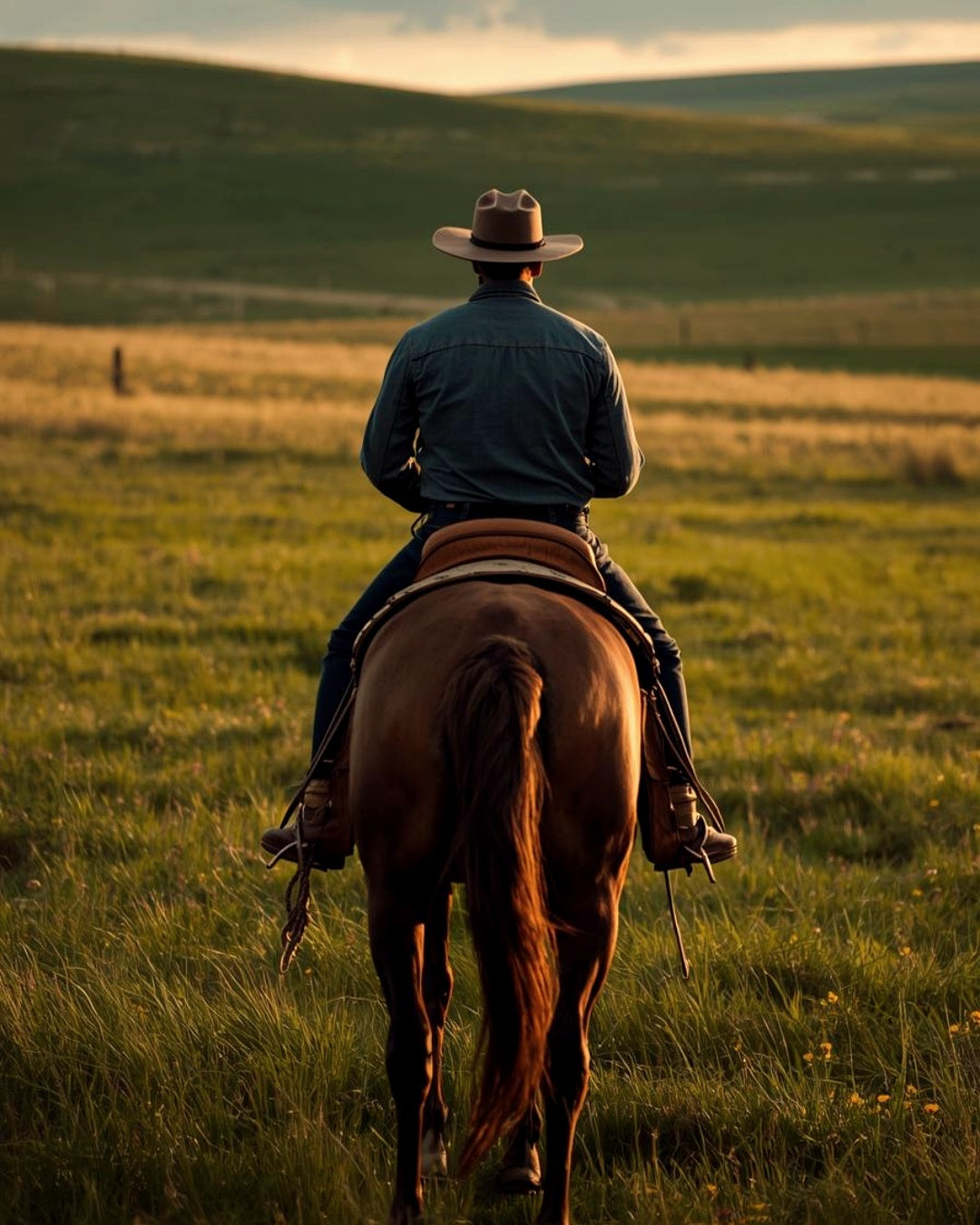 Person riding a horse in a grassy field with a cowboy hat on
