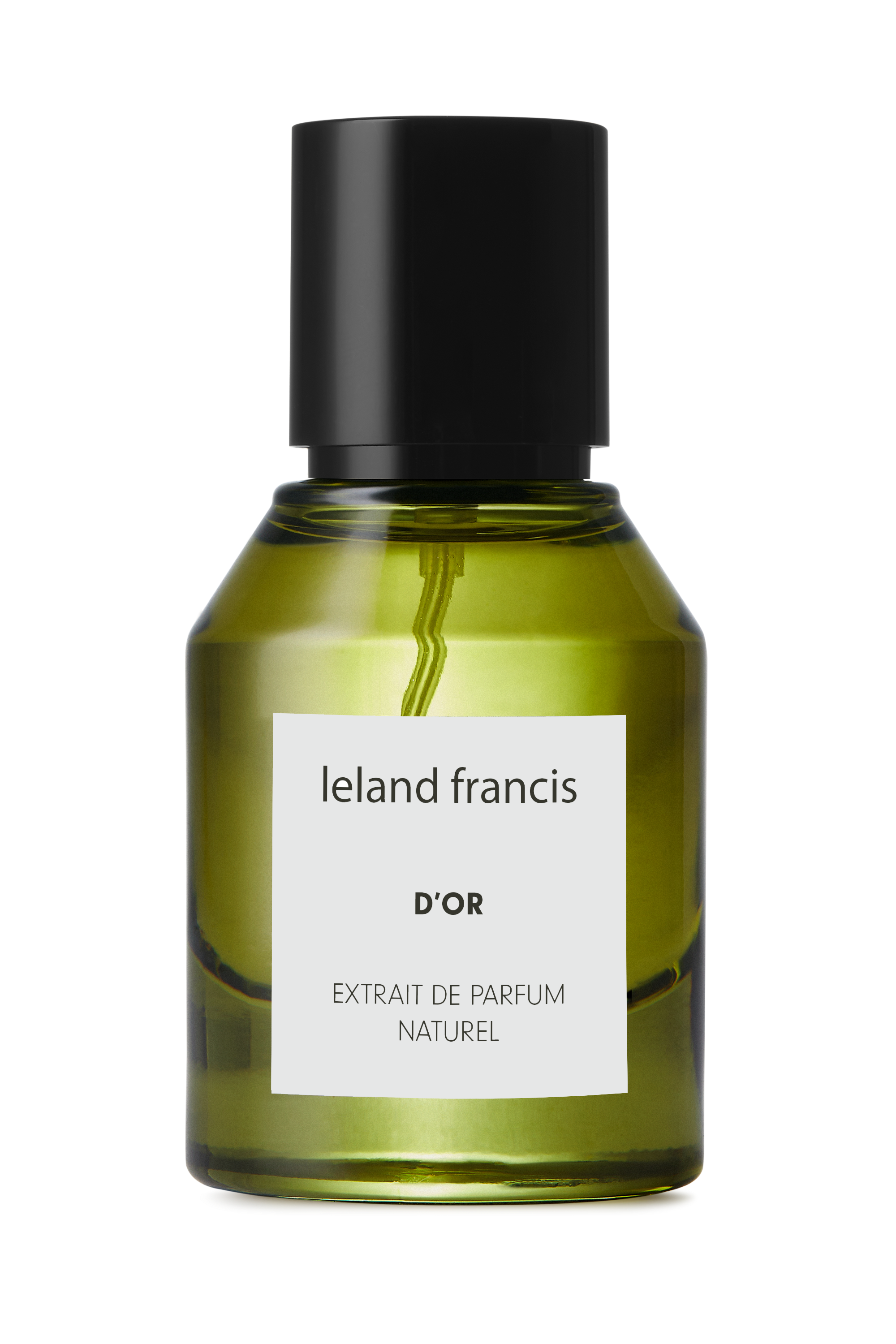 Green perfume bottle with black cap and white label on a white background