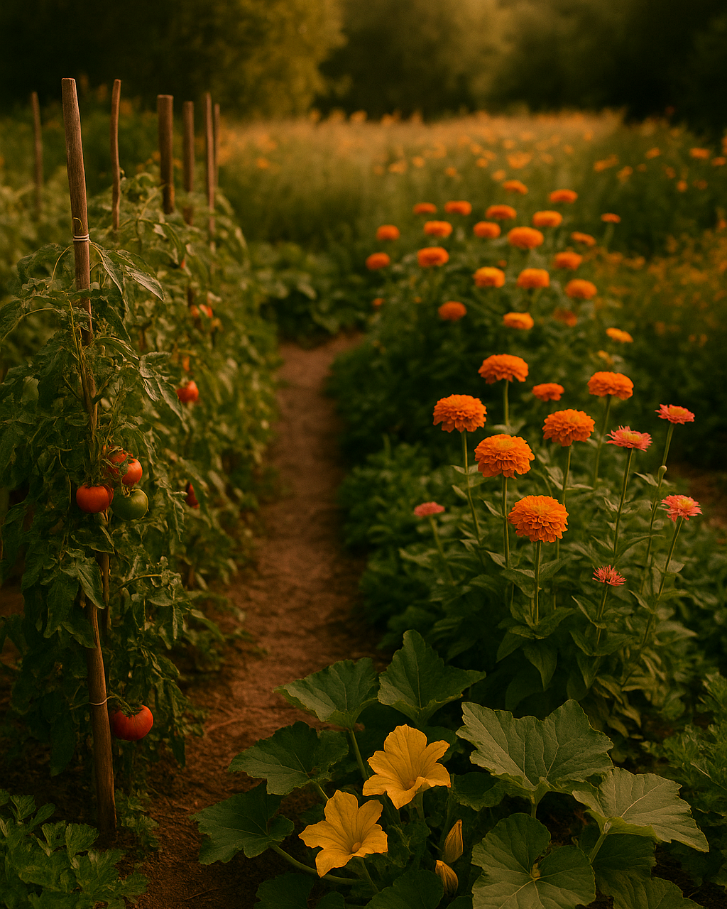 Vegetable garden with rows of plants and a path through the center, surrounded by greenery.