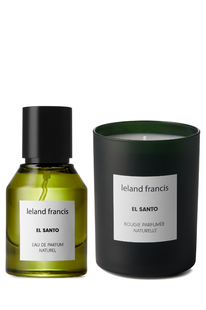 Ieland francis El Santo eau de parfum bottle and candle on a white background
