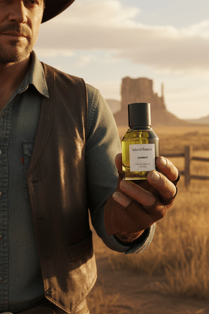Man holding a bottle of cologne with a desert landscape in the background