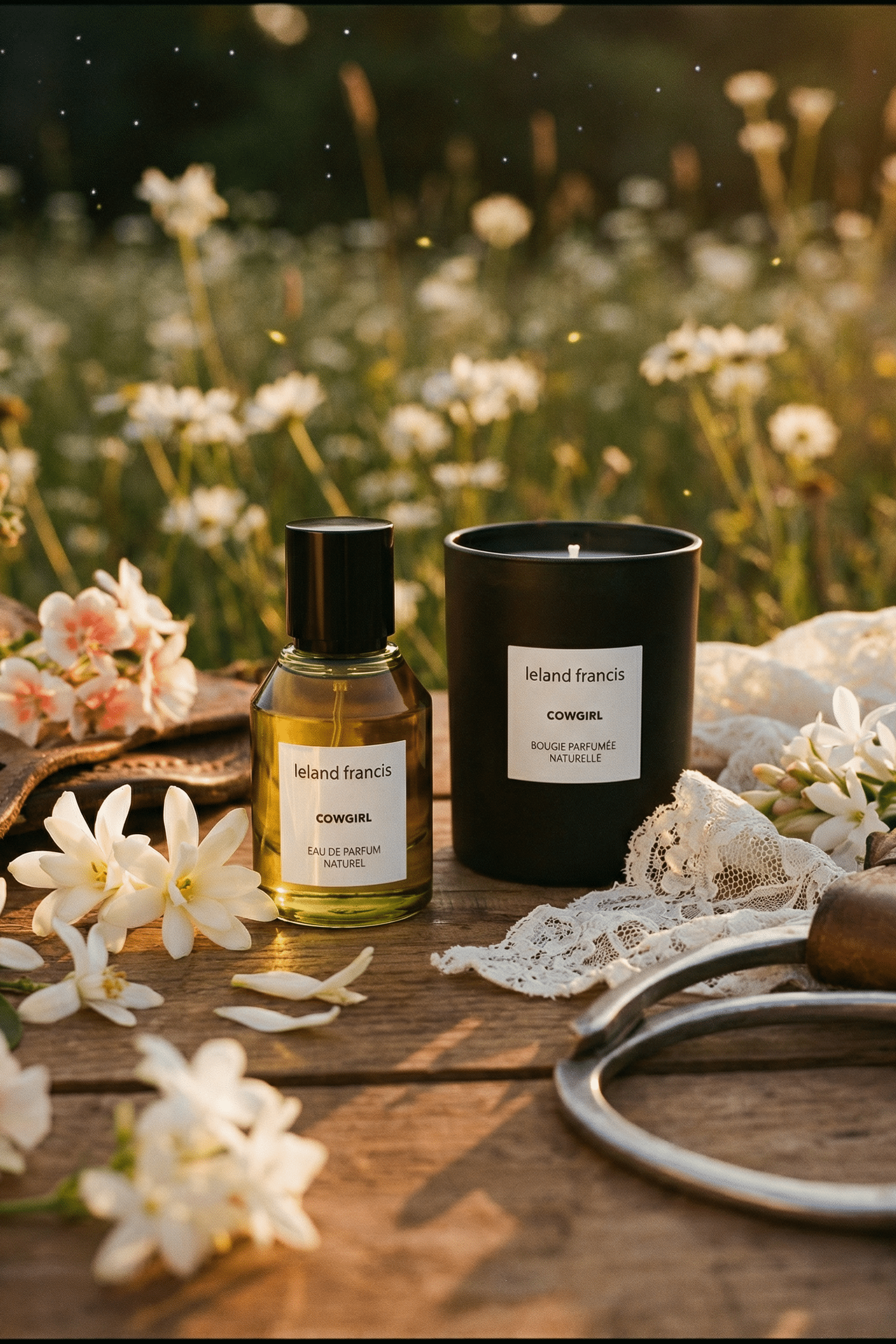 Perfume bottle and candle on a wooden surface with flowers and lace in the background