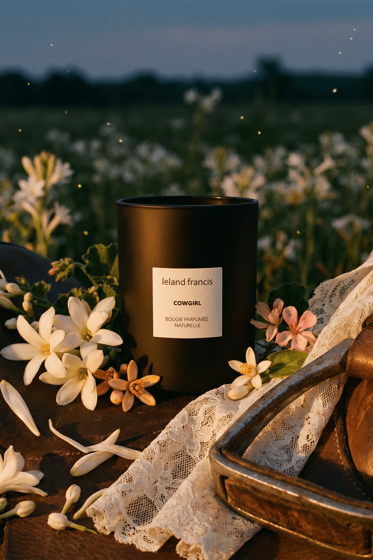 Candle labeled 'Leland Francis' with flowers and lace in a field at dusk