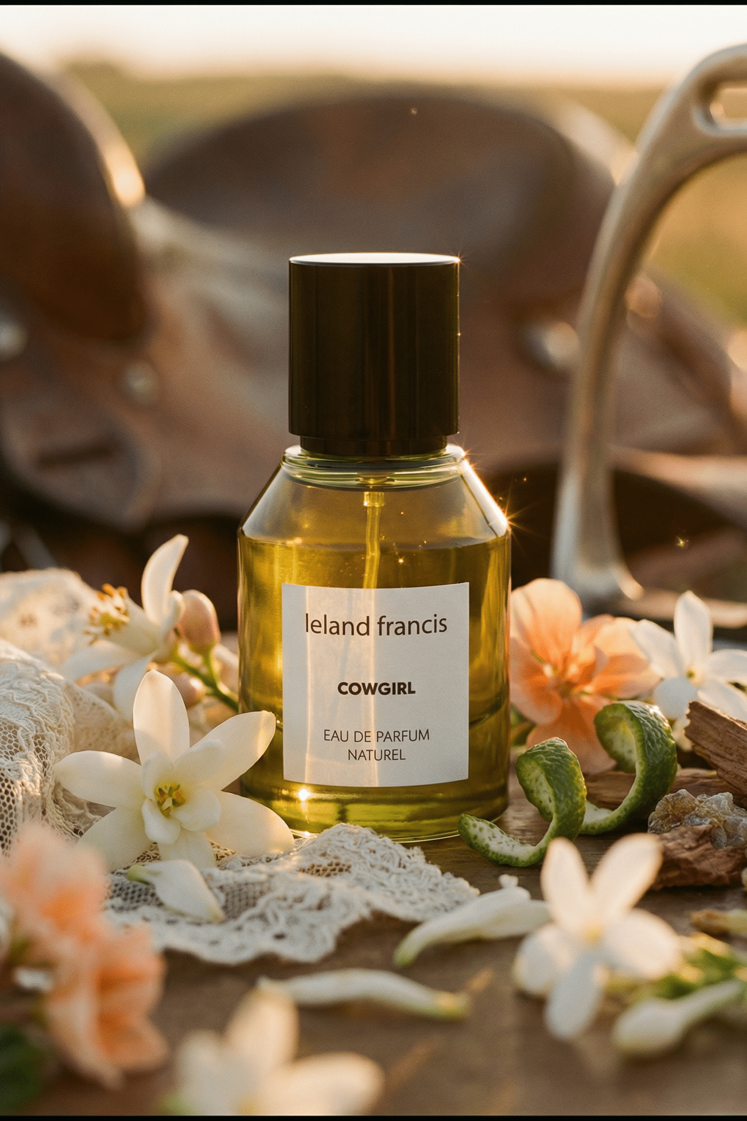 Ireland Francis Cowgirl perfume bottle surrounded by flowers and lace on a wooden surface.