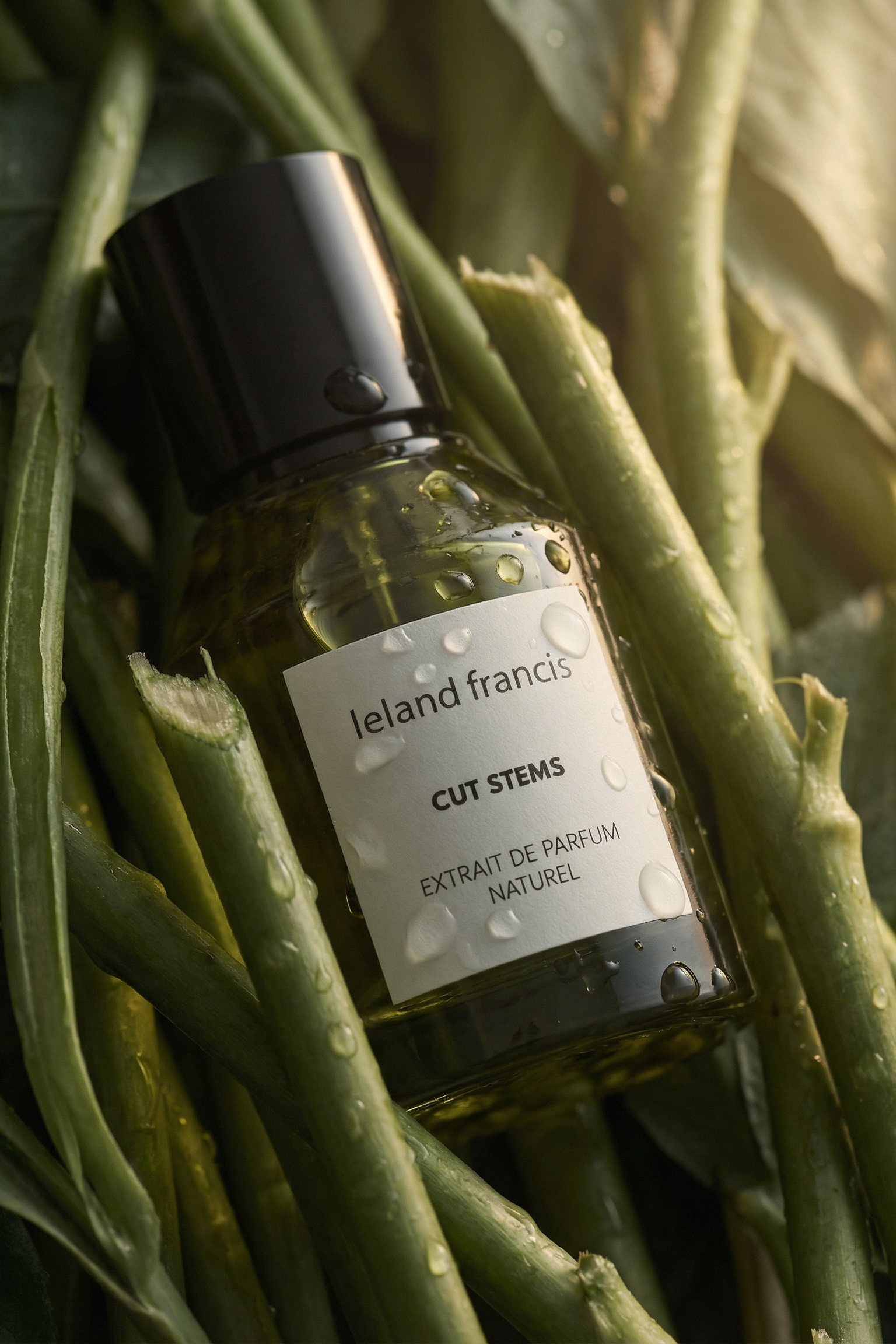Bottle of 'Cut Stems' perfume by Ieland francis on green stems and leaves.