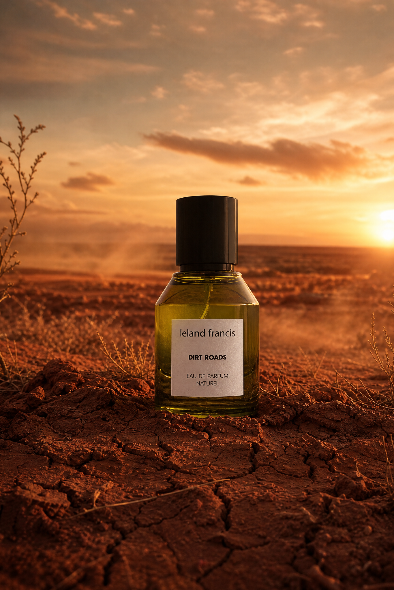 Leland Francis perfume bottle in a desert landscape with a sunset.