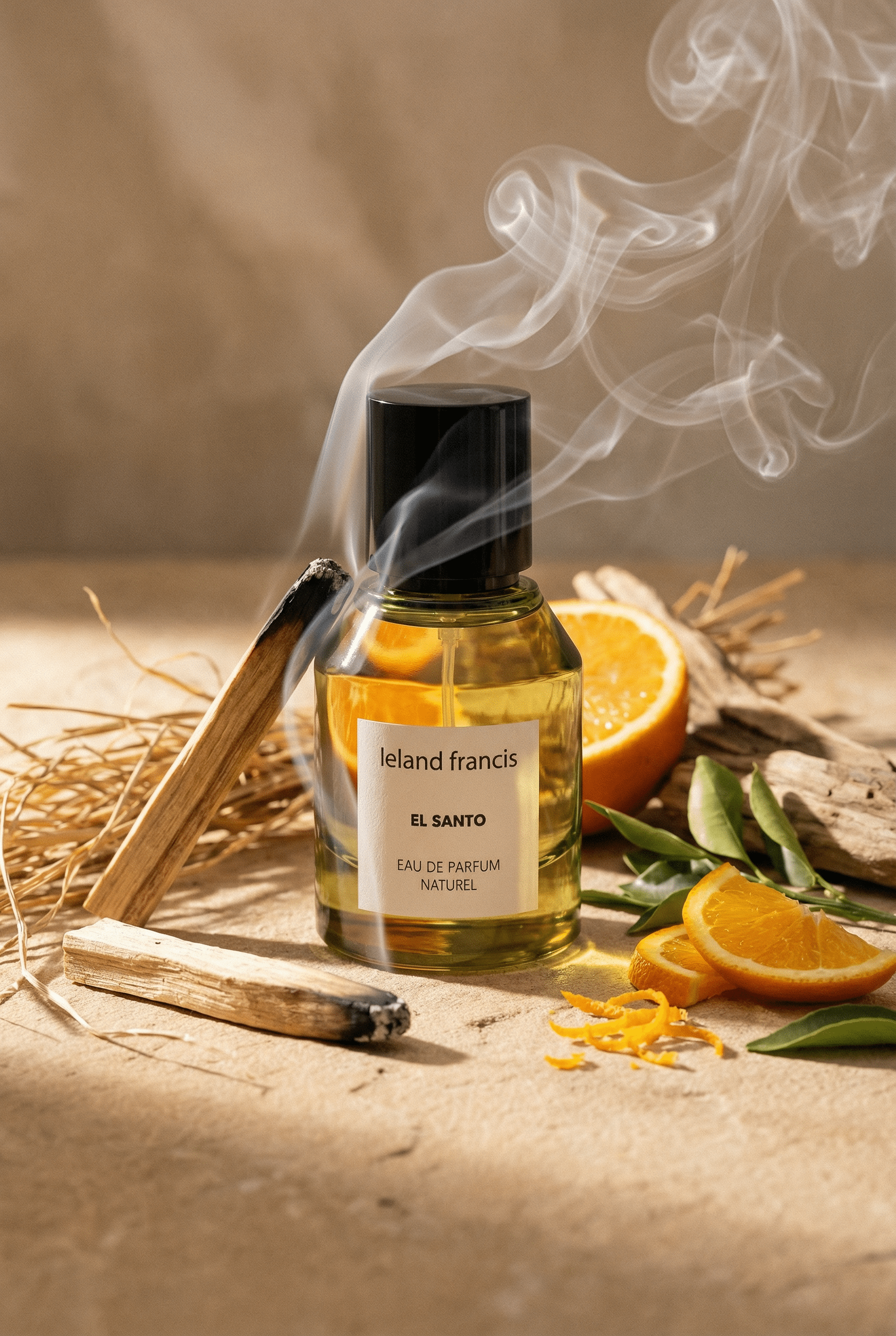 Perfume bottle leland francis el santo with smoke, oranges, and leaves on a textured surface.