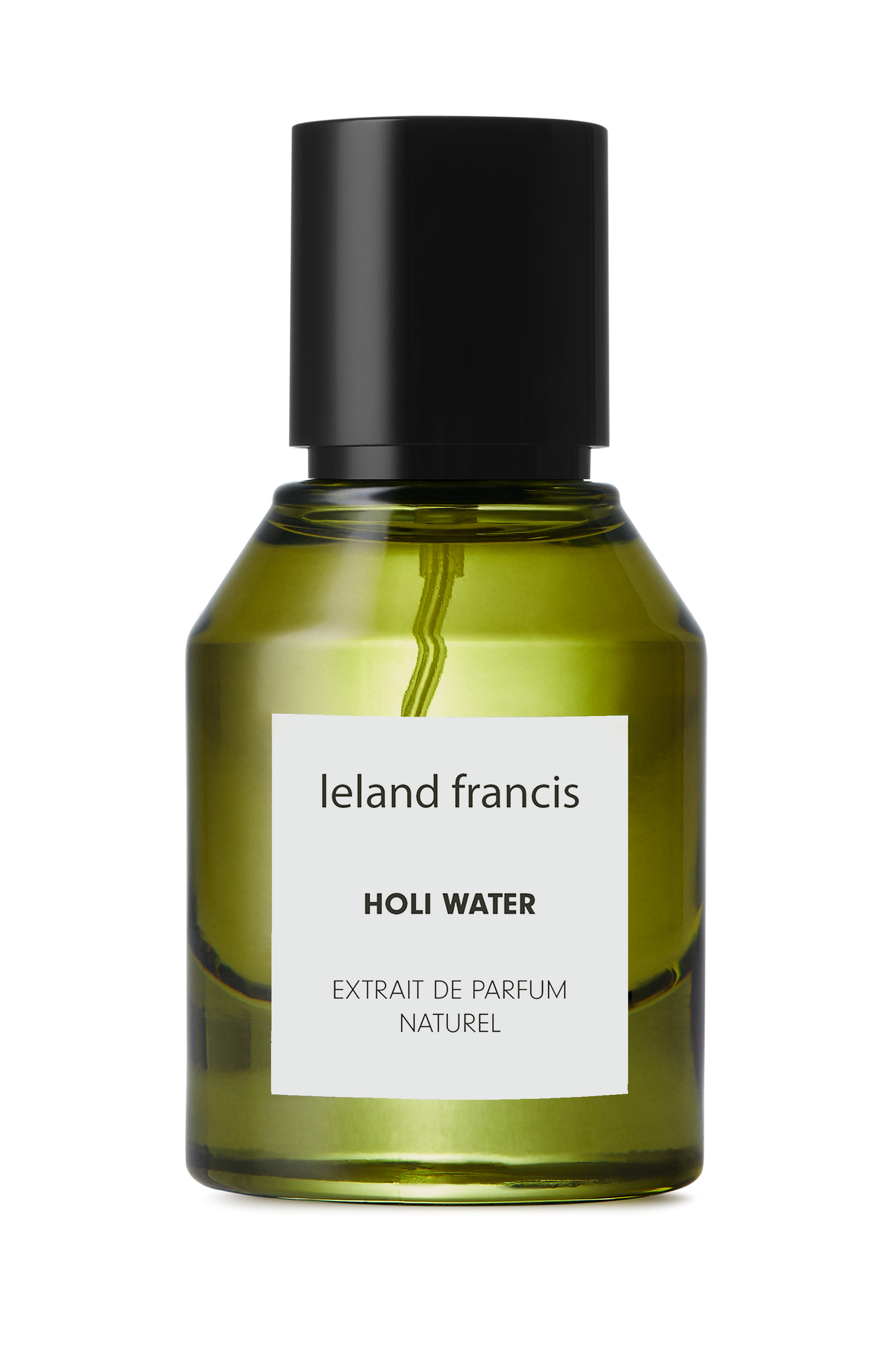 Green perfume bottle with black cap and white label on a white background