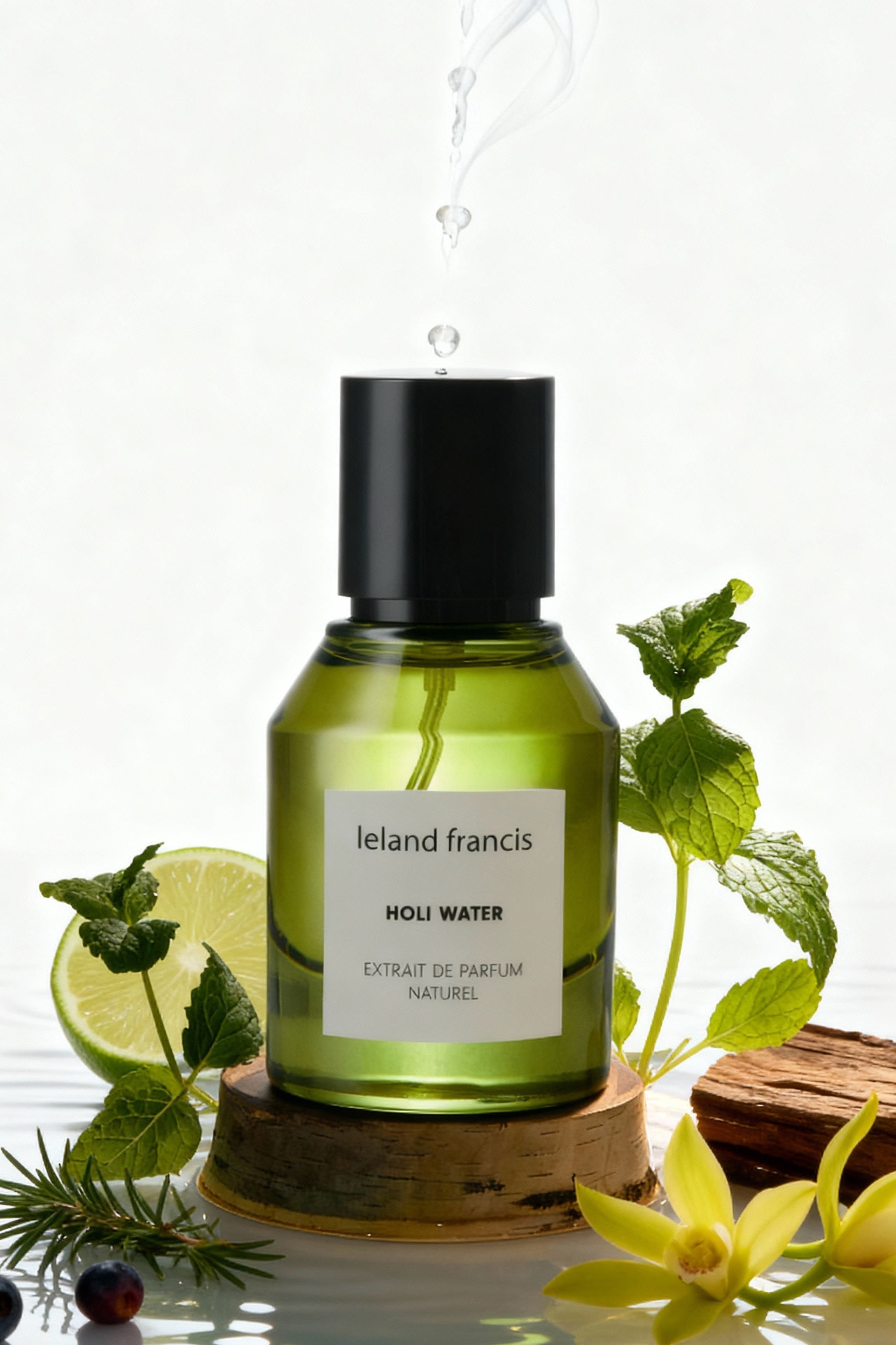 Green perfume bottle labeled Leland Francis' with natural elements on a white background