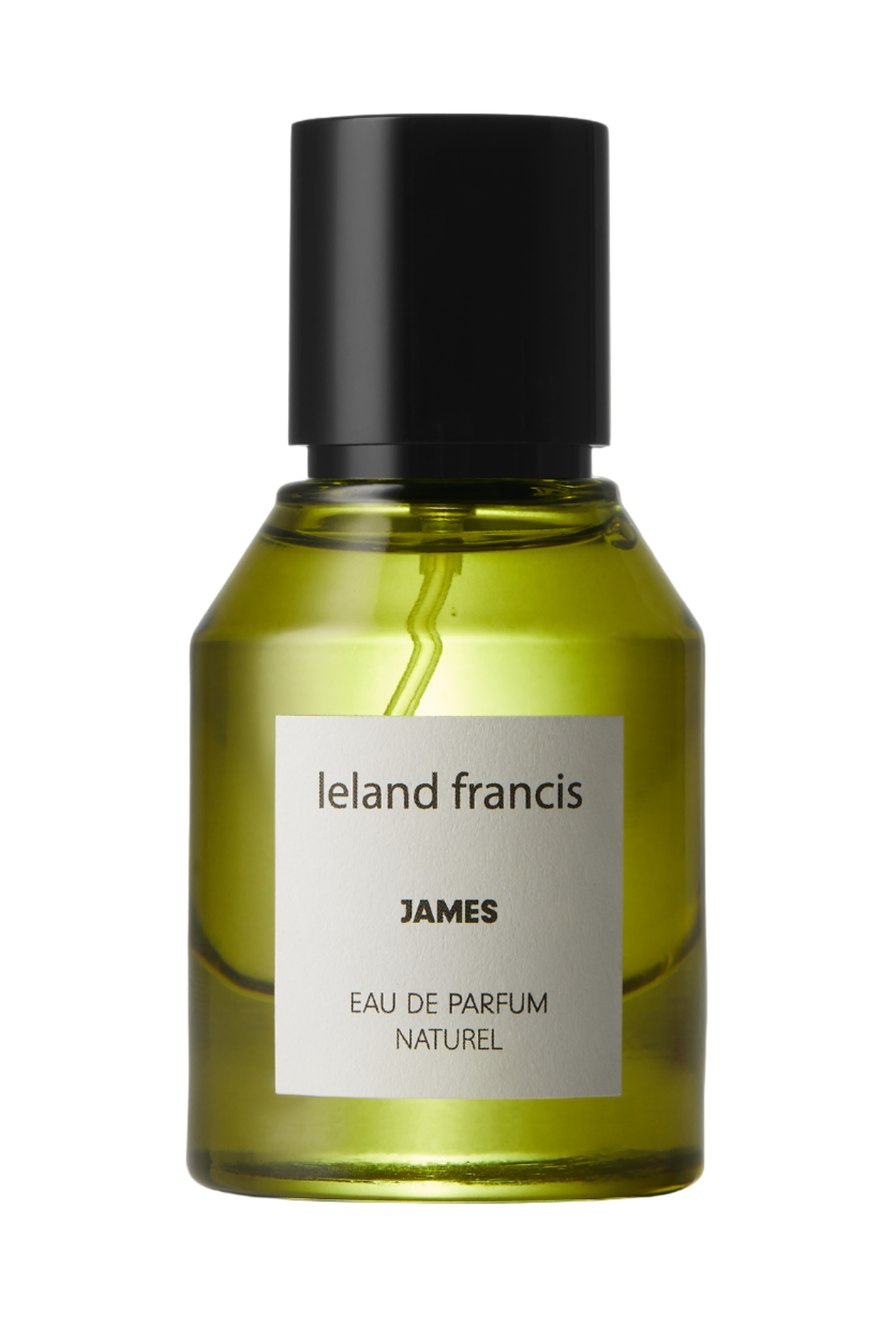 A bottle of 'James - Eau De Parfum' with a black cap and a label indicating it is an 'Eau De Parfum Naturel'. The bottle is green and the cap is black.