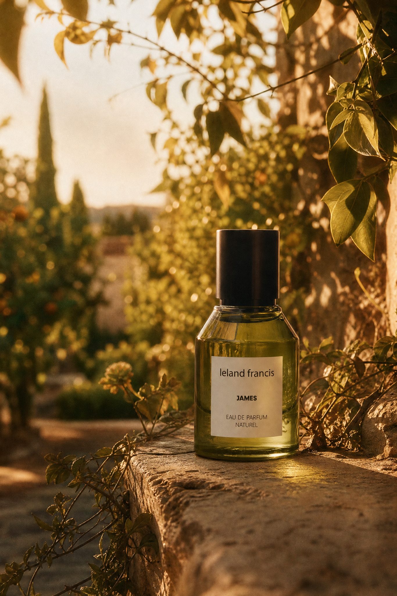 Perfume bottle labeled 'Leland Francis' on a stone ledge with a garden background