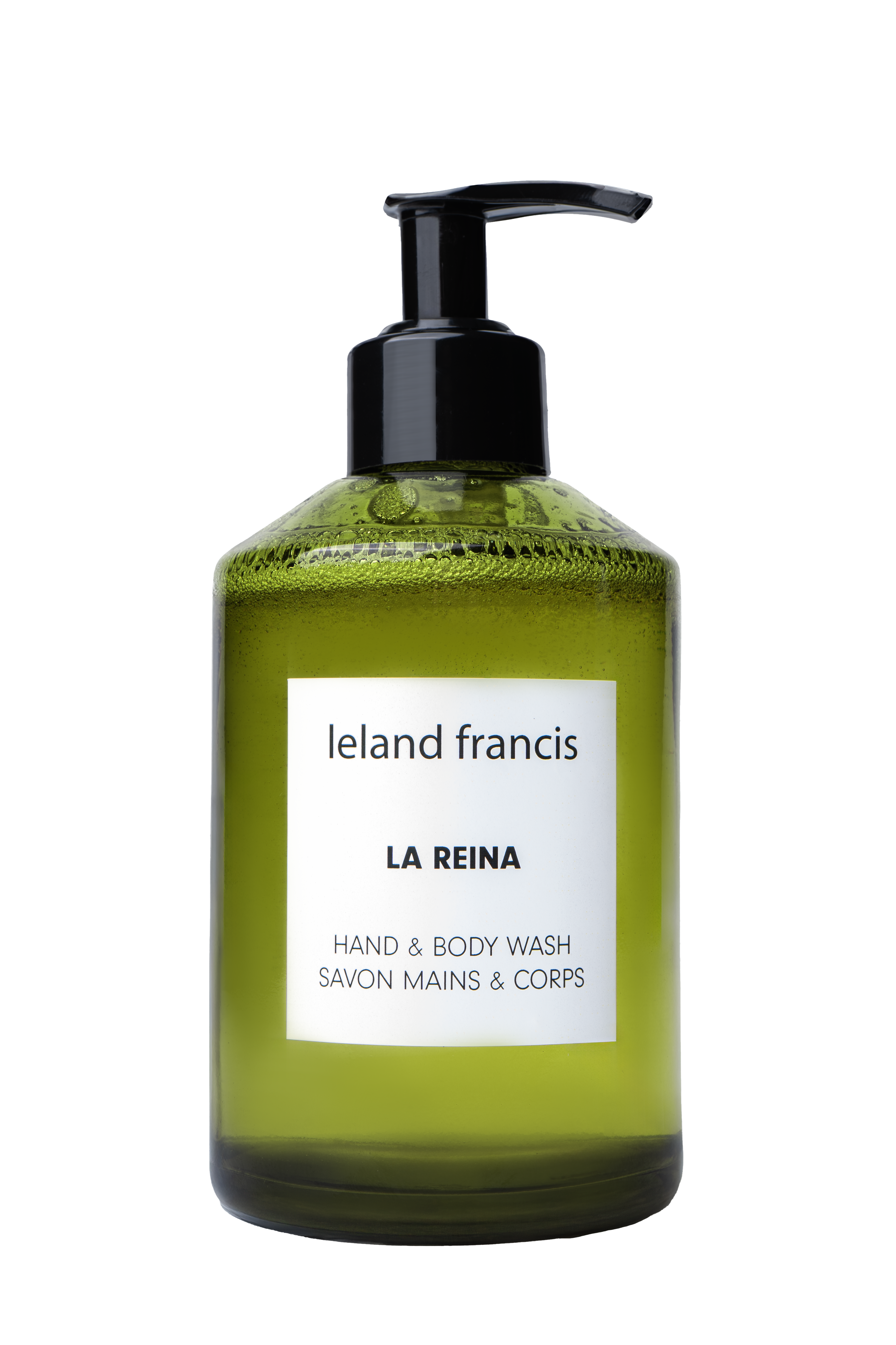 Green bottle of Ieland Francis La Reina hand and body wash on a white background