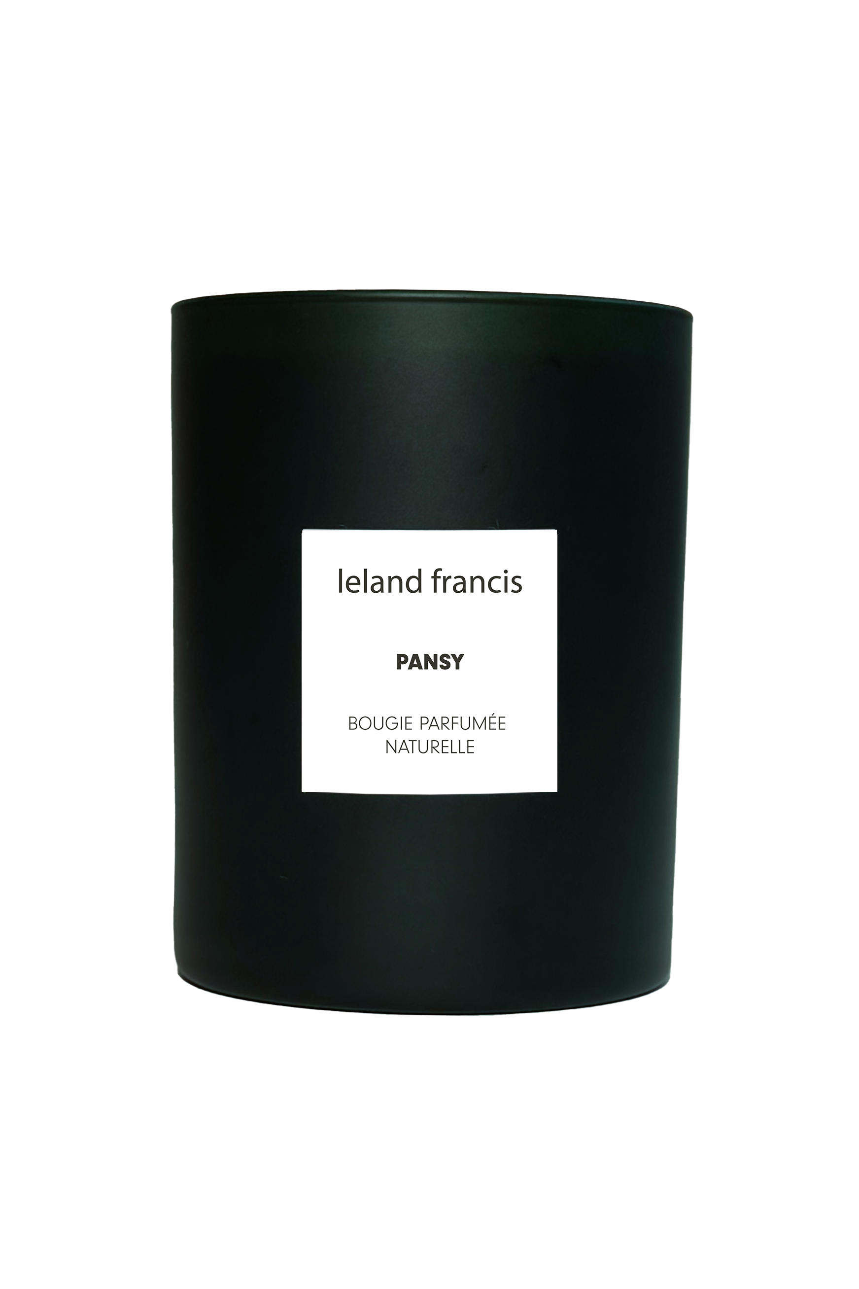 Black candle with a white label on a white background
