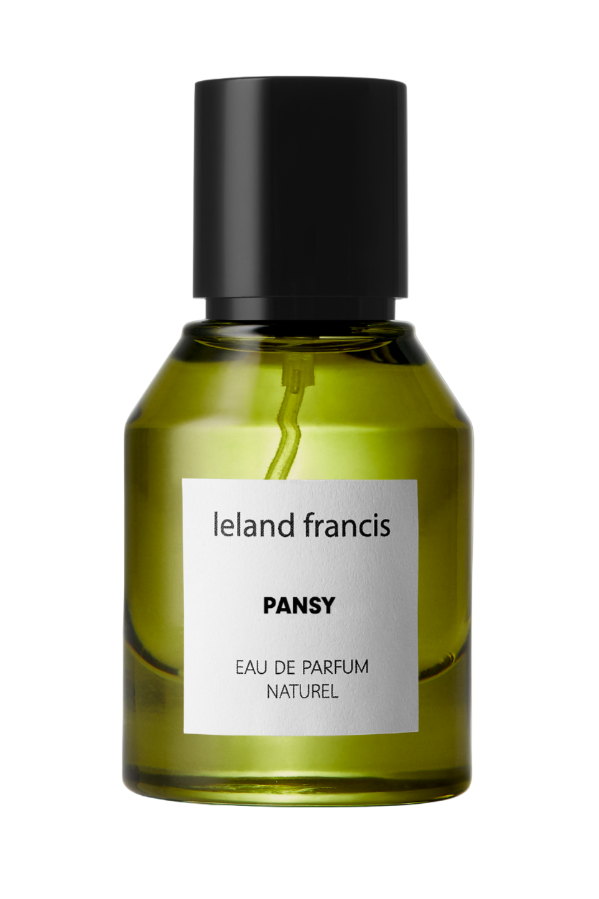 A green bottle of 'Pansy - Eau De Parfum' with a black cap and a label indicating it is 'Eau de Parfum Naturel'.
