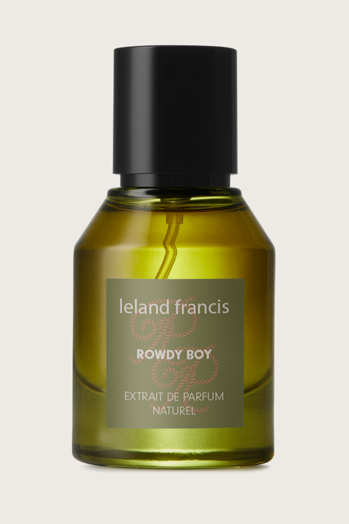A bottle of Ieland Francis Rowdy Boy natural perfume extrait de parfum, featuring a translucent olive-green glass bottle with a black cap and a muted green label.