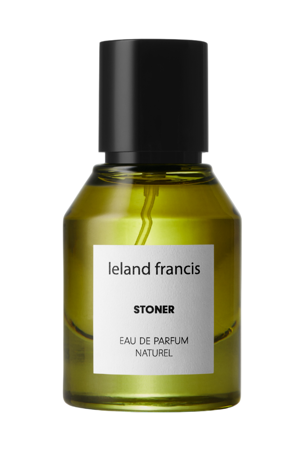 A bottle of Stoner Eau De Parfum by Ieland Francis with a black cap and a label on a greenish tinted perfume bottle.