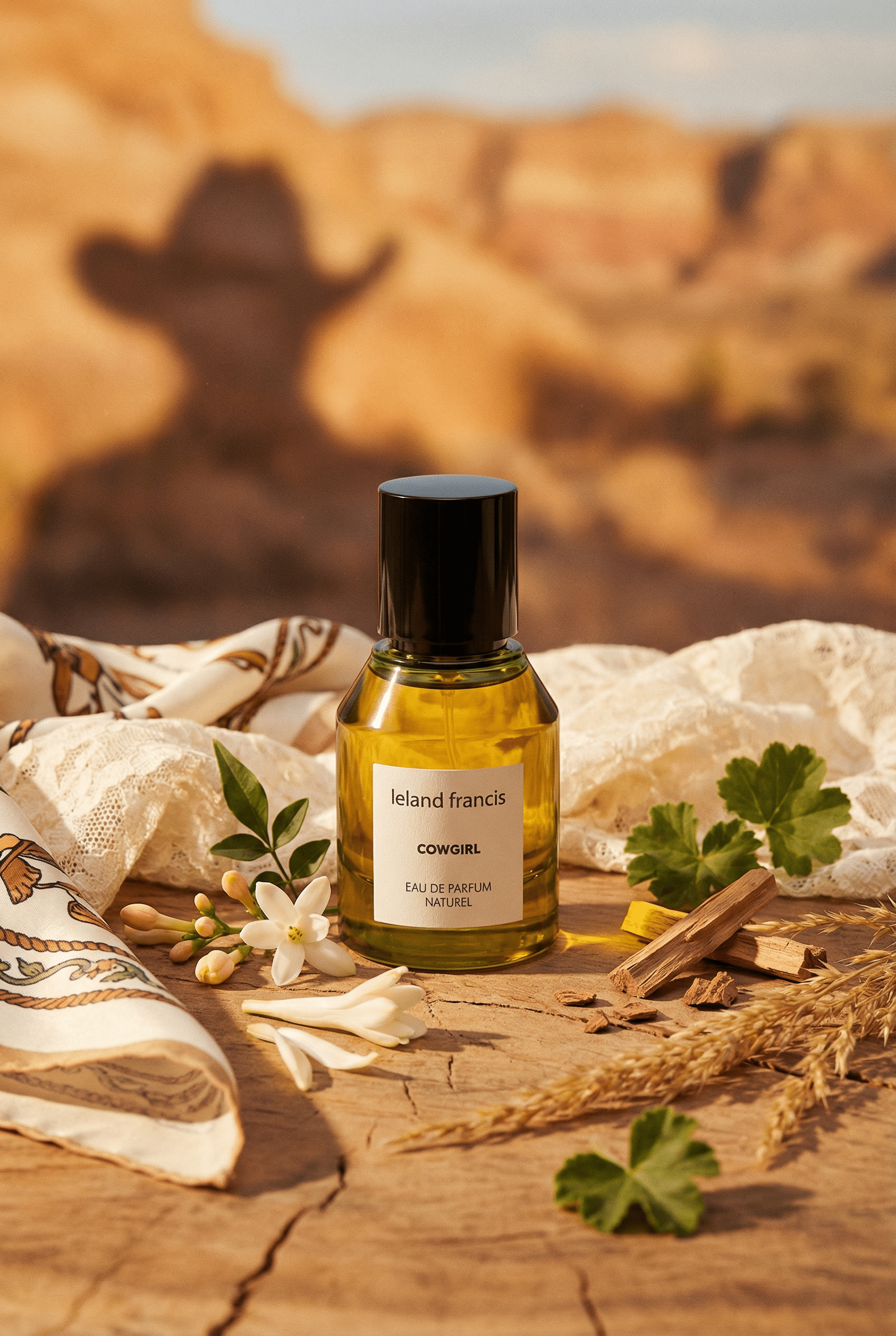 Perfume bottle labeled 'Leland Francis' on a wooden surface with desert landscape in the background
